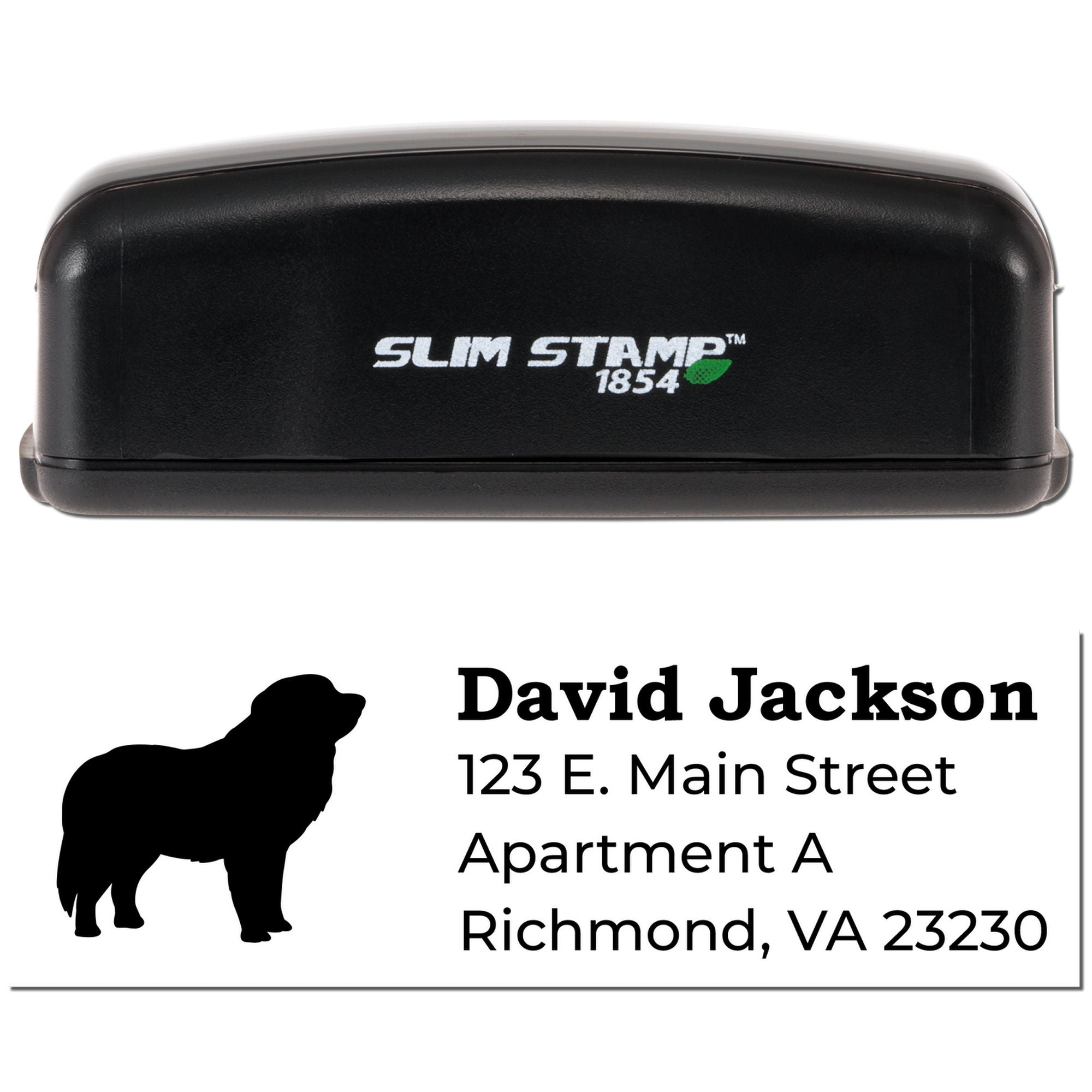 Custom Slim Stamp 1854 rubber stamp with dog silhouette, personalized address imprint for pet owners.