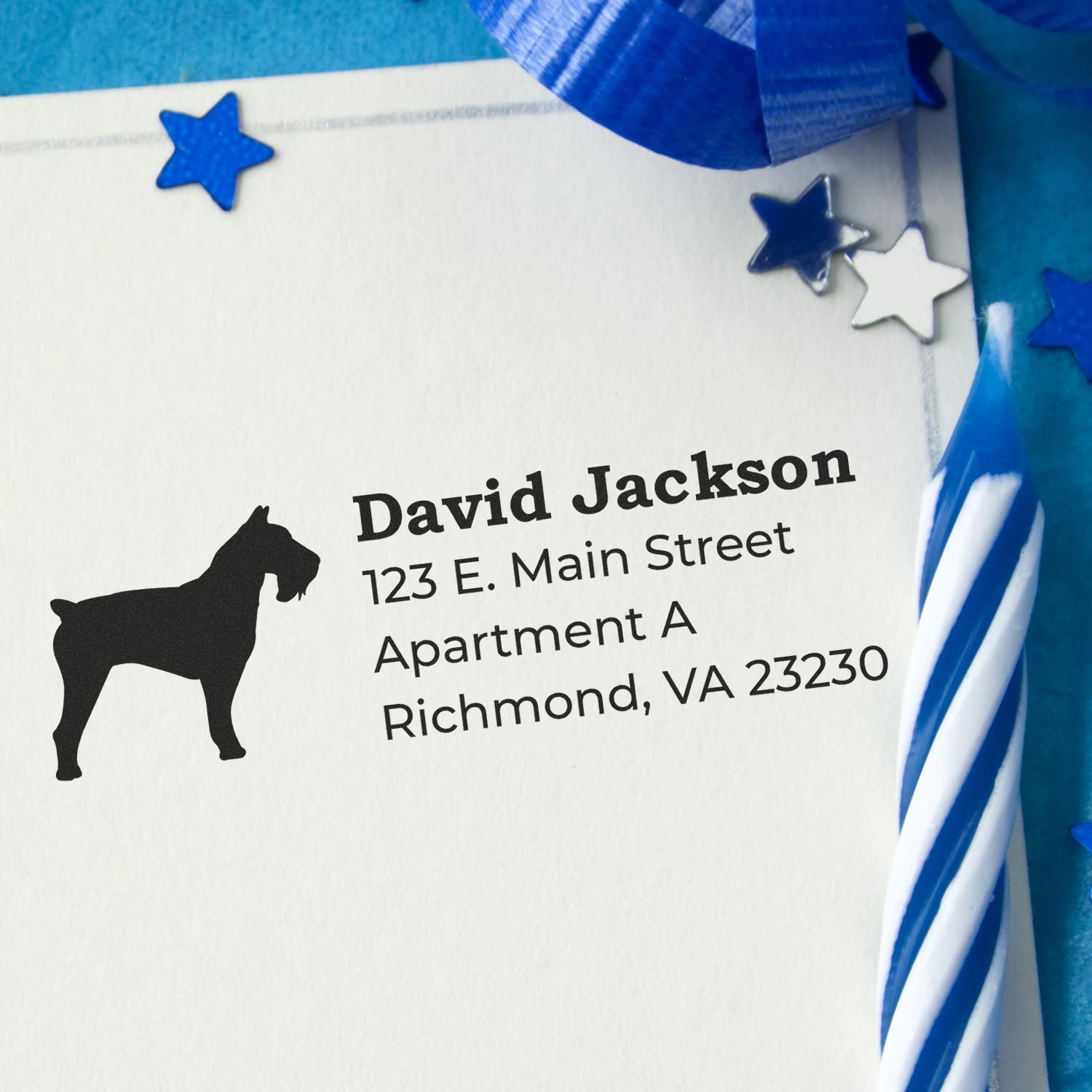 Custom return address rubber stamp with dog silhouette for personalized pet-themed envelopes and invitations.