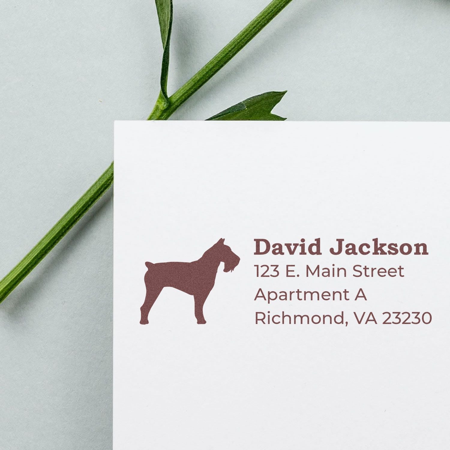 Custom dog return address rubber stamp on a mailing envelope for personalized stationery