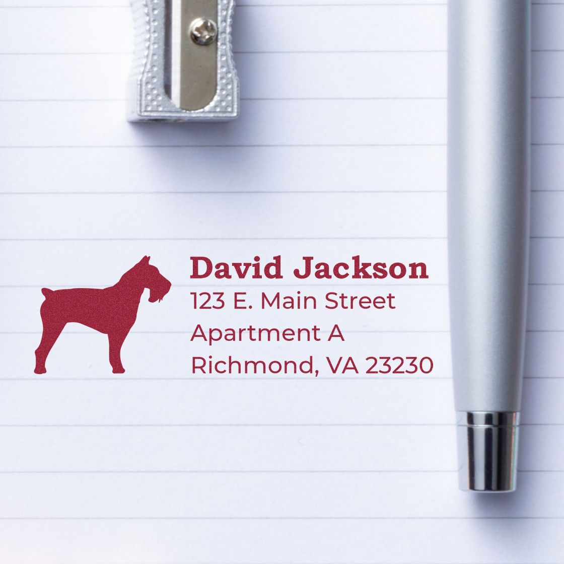 Personalized return address rubber stamp with dog silhouette for David Jackson, Richmond, VA mailing labels.