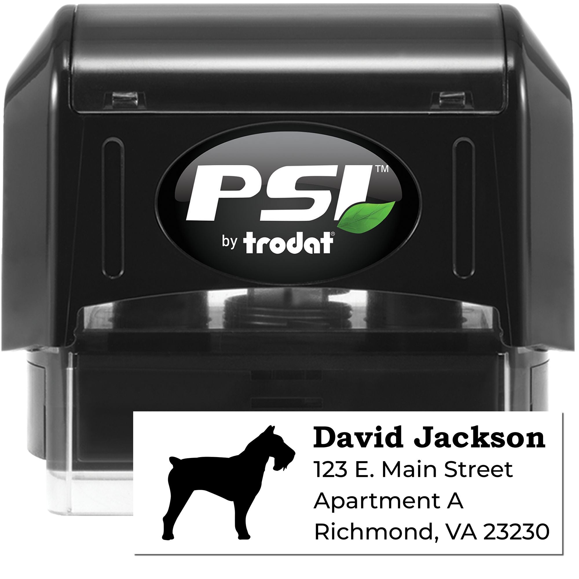 Custom self-inking rubber address stamp by PSI Trodat with dog silhouette, ideal for personalized mailing labels.