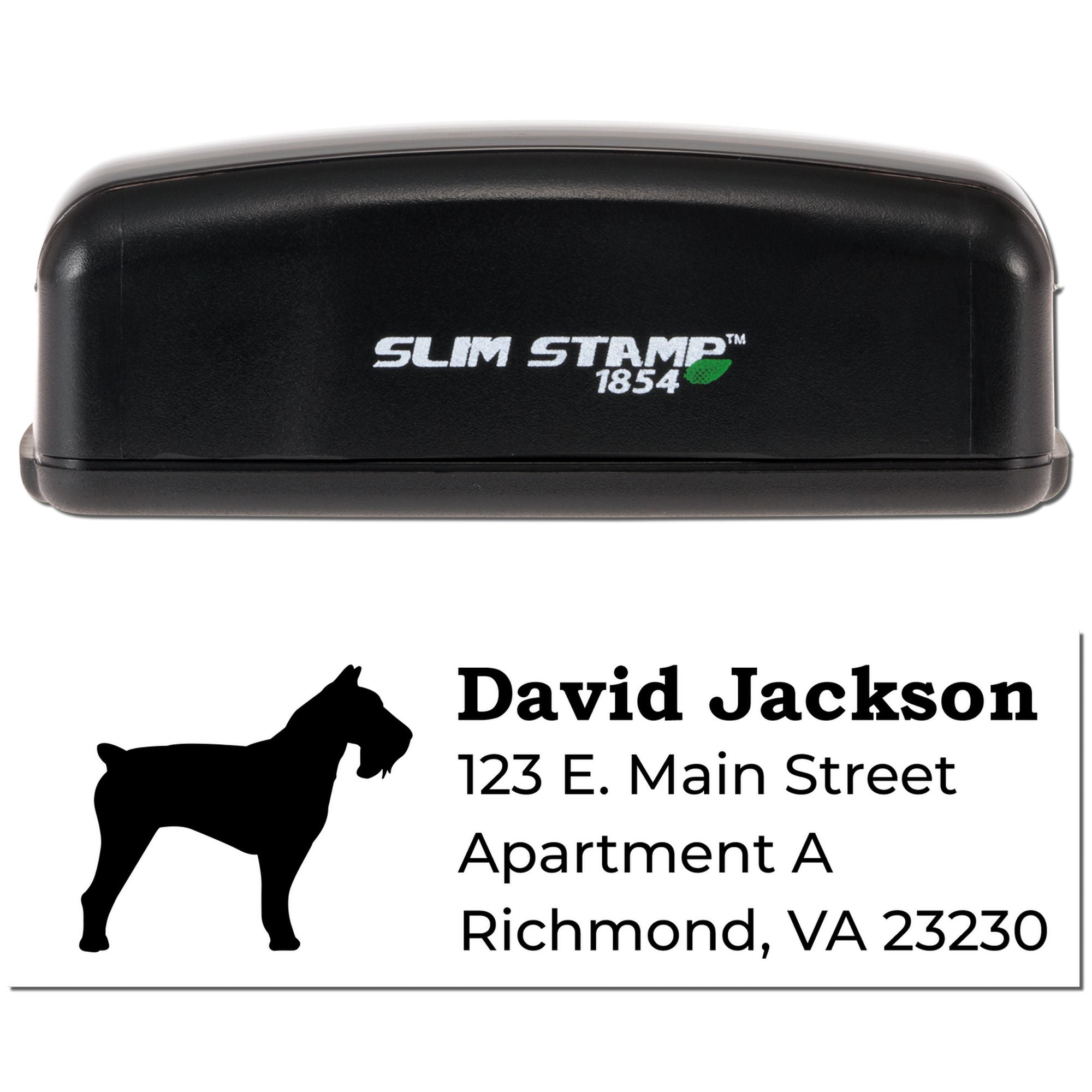 Custom address rubber stamp with dog silhouette, name, and Richmond VA address in Slim Stamp 1854 case.