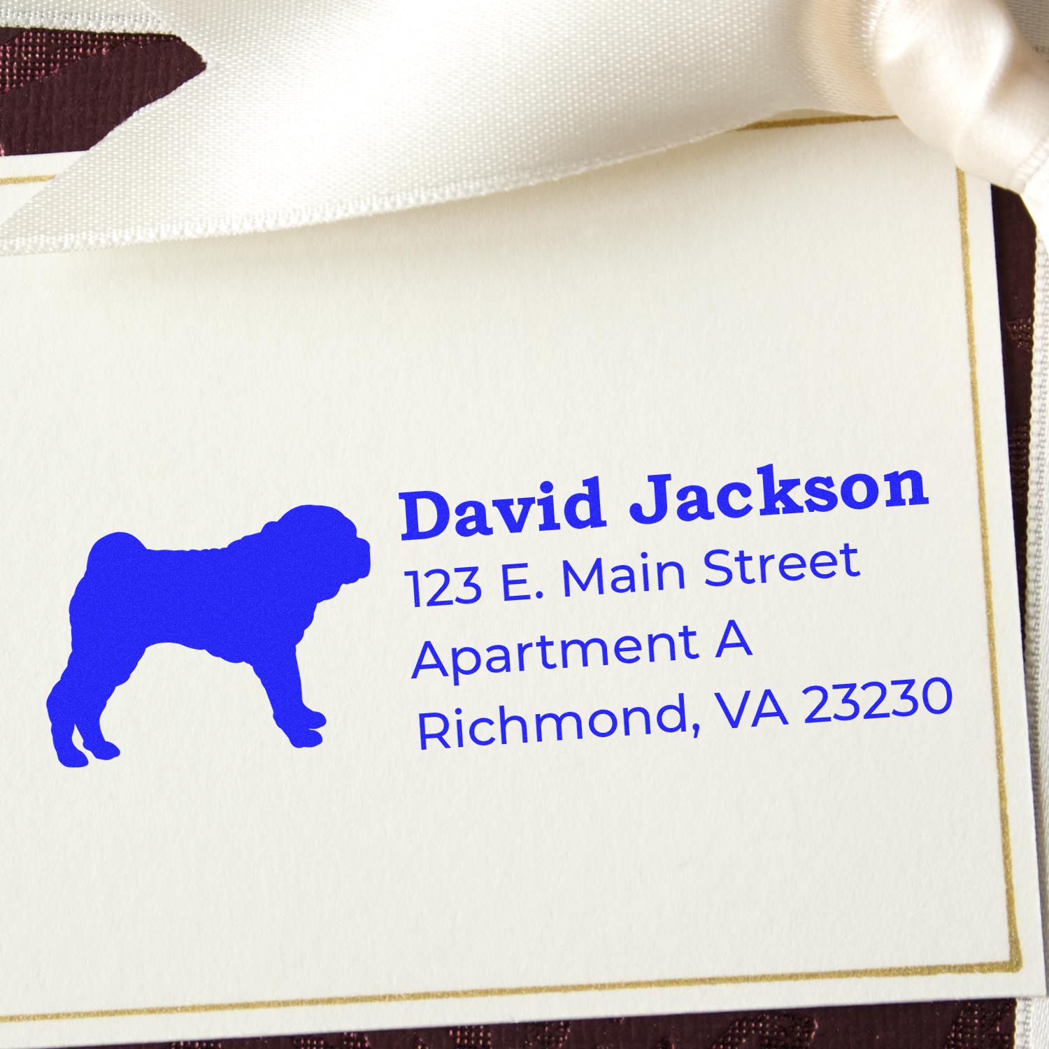 Custom dog address rubber stamp for David Jackson, 123 E. Main Street Apt A, Richmond, VA 23230.