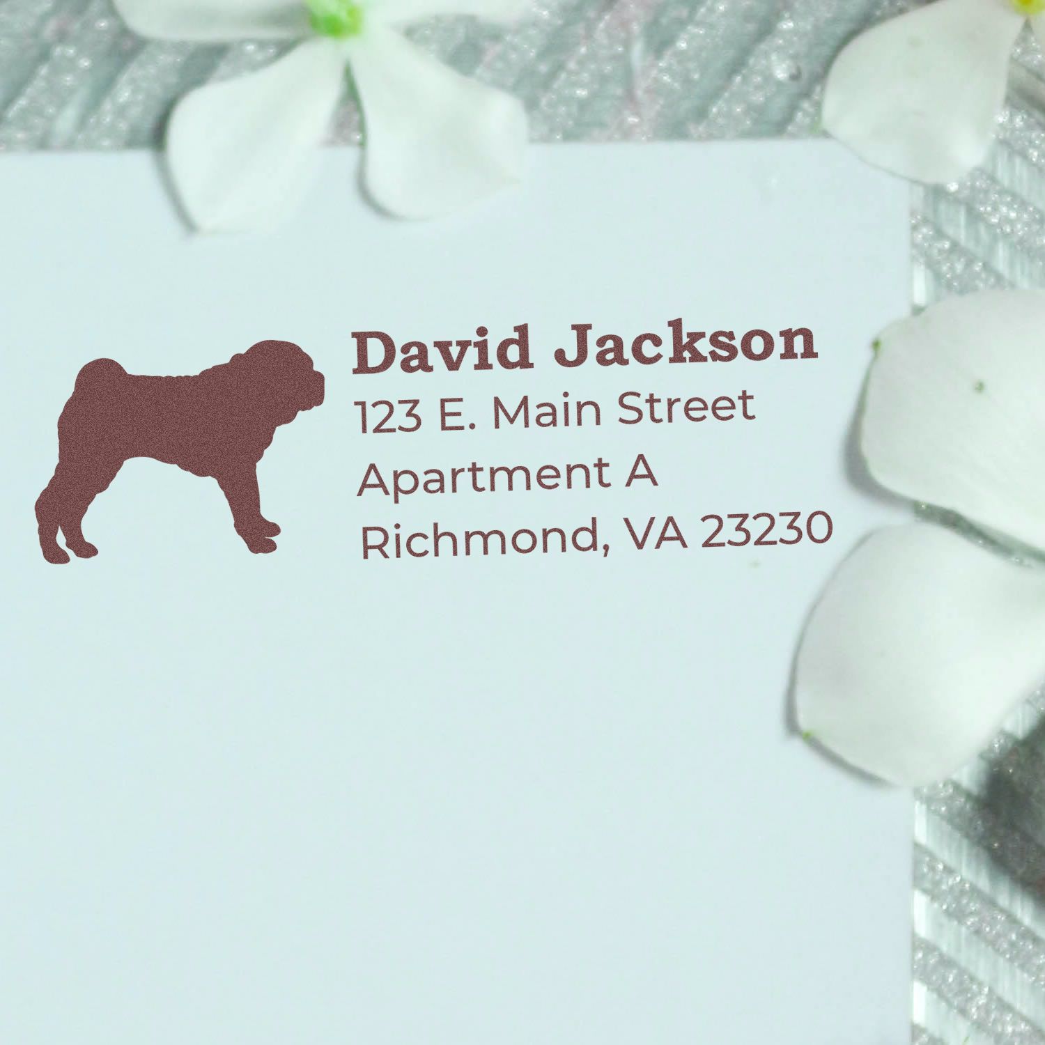 Custom rubber address stamp with dog silhouette, personalized mailing label for David Jackson in Richmond, VA.
