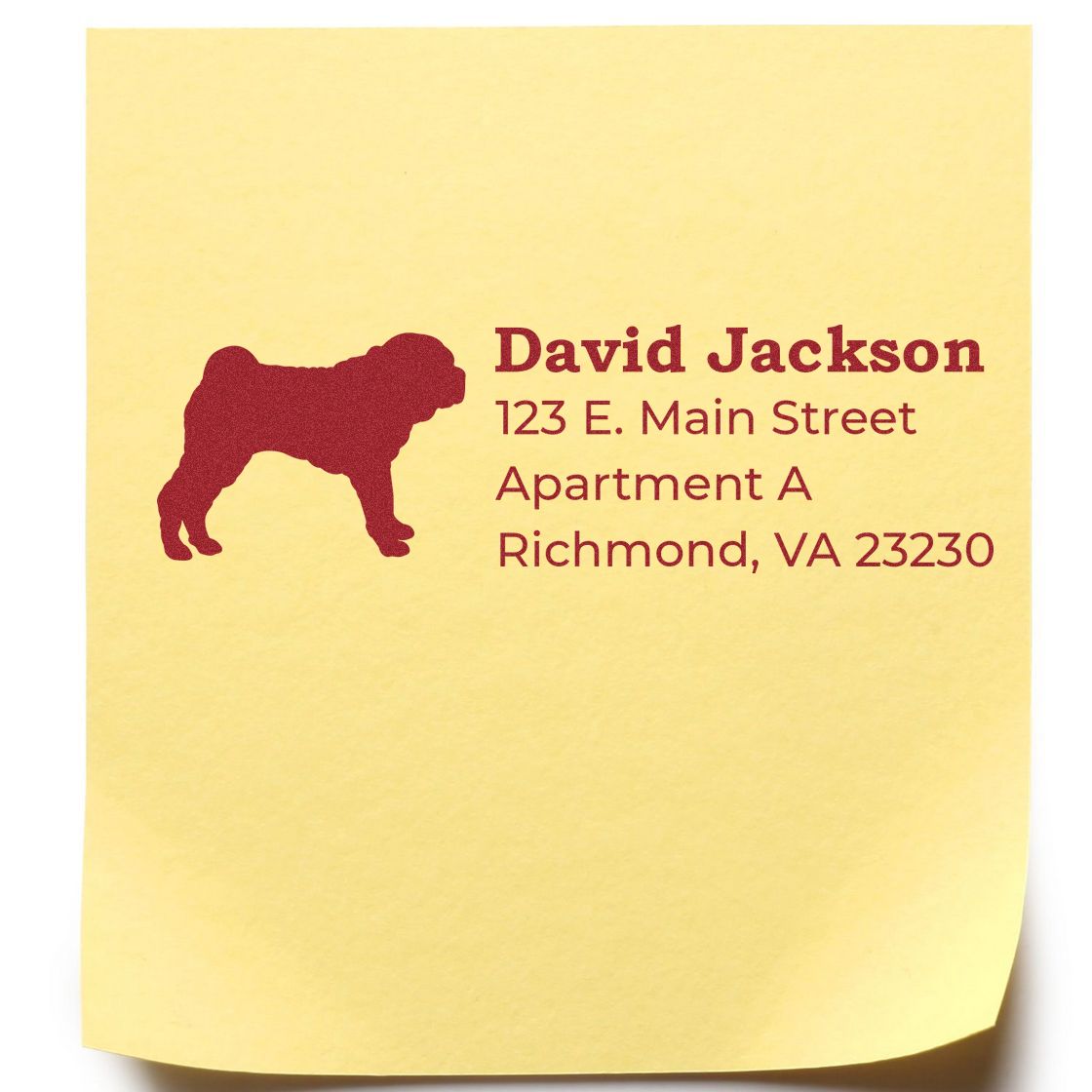 Personalized bulldog address rubber stamp with name and Richmond, VA mailing address on yellow paper.