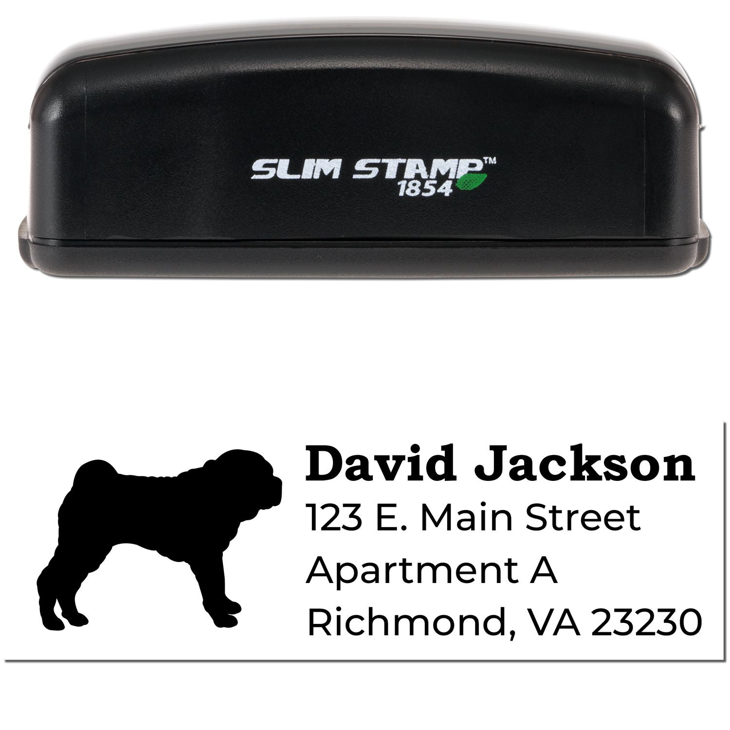 Custom Slim Stamp 1854 self-inking address stamp with dog silhouette, featuring David Jackson, Richmond VA return address.