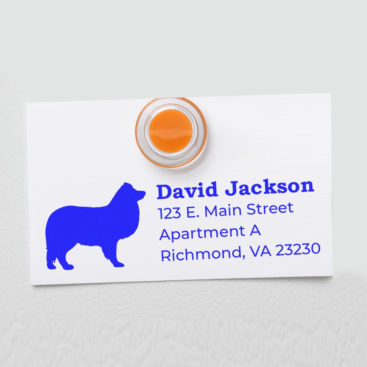 Custom rubber return address stamp with dog silhouette, name, and Richmond, VA address for personalized mailing.