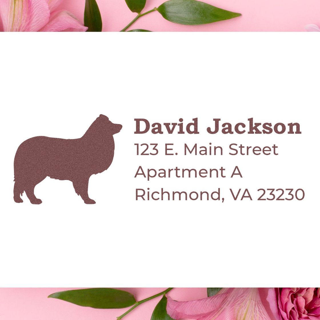 Custom rubber return address stamp with dog silhouette and David Jackson mailing details for Richmond, VA 23230.