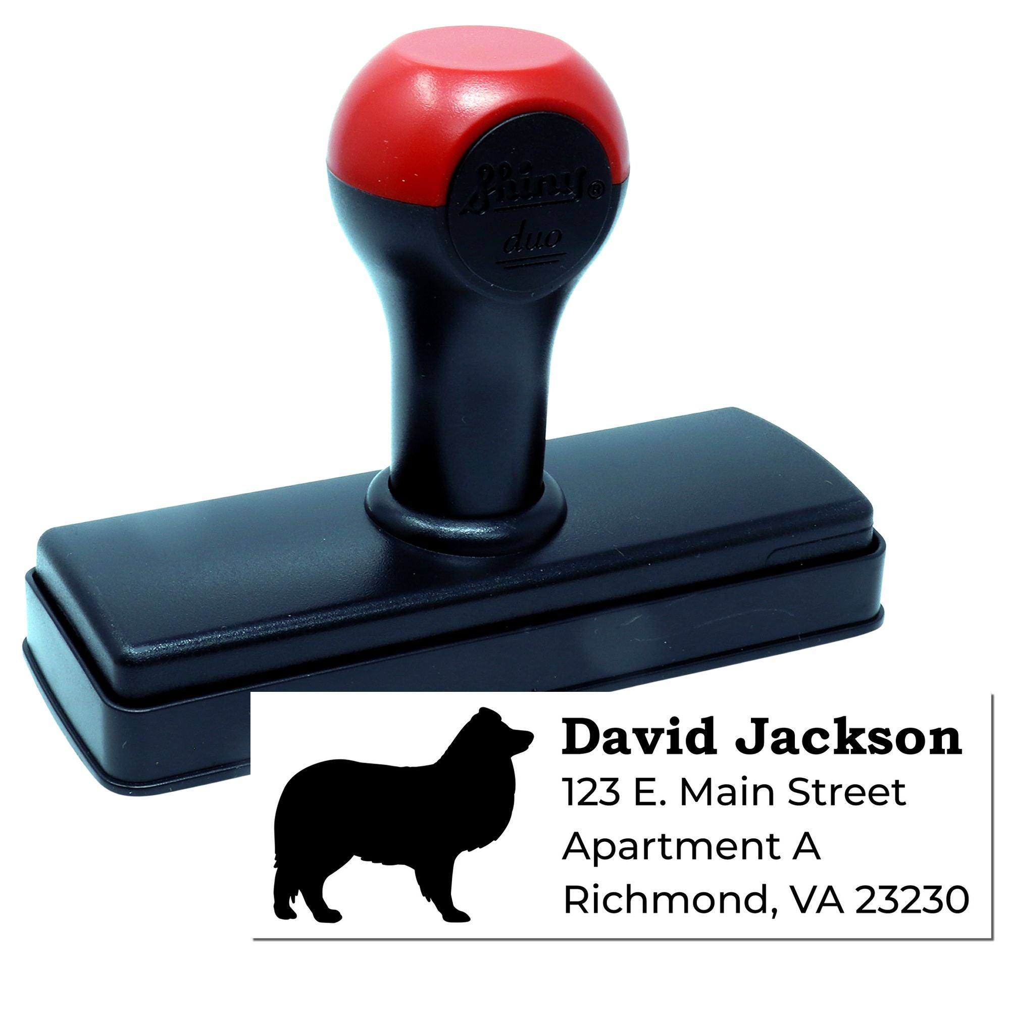 Custom self-inking rubber address stamp with dog logo, personalized return address imprint for mailing and packaging.