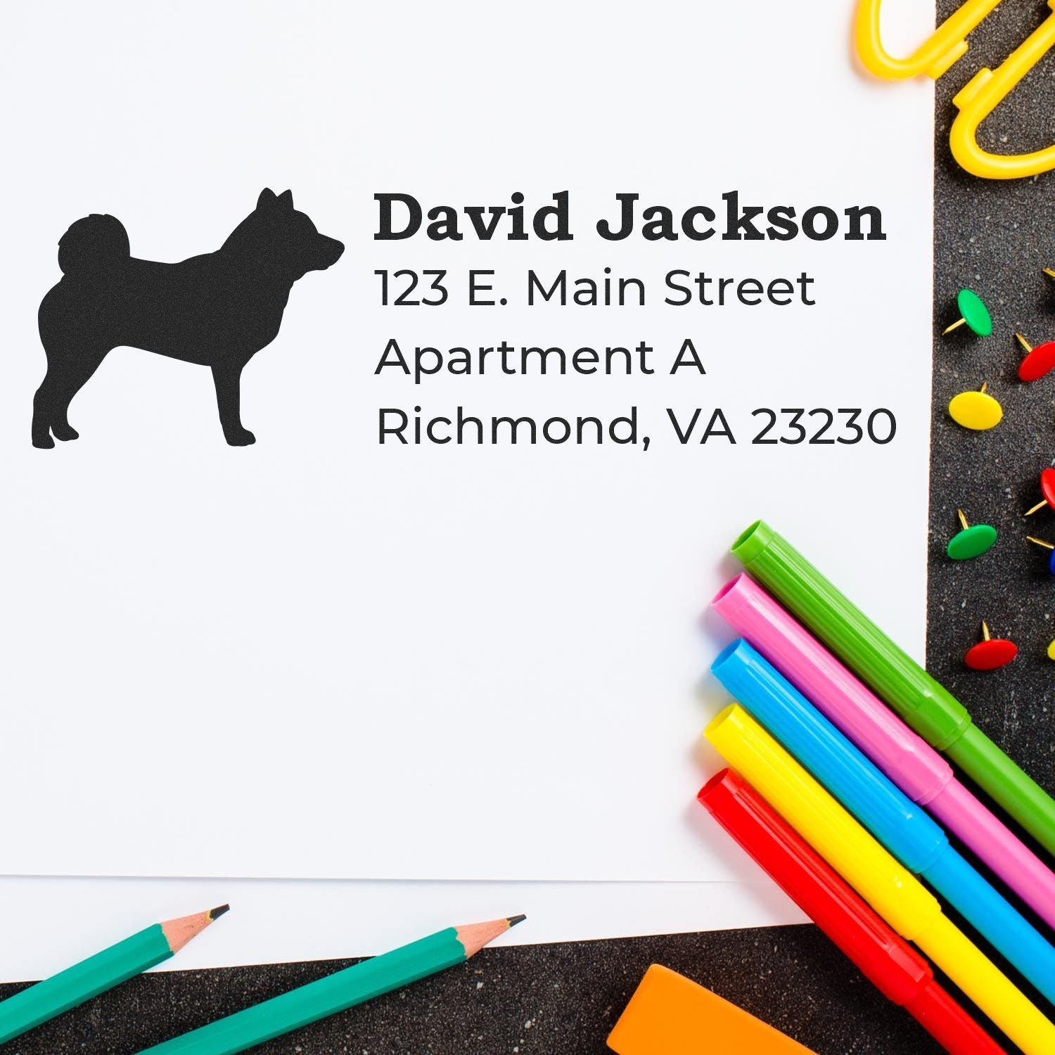 Custom return address rubber stamp with dog silhouette, personalized for David Jackson, Richmond, VA 23230.