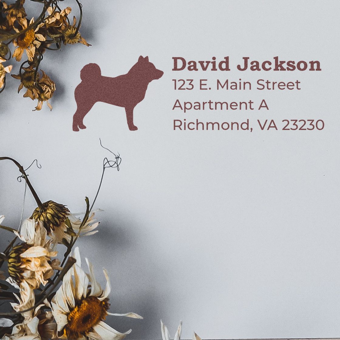 Personalized dog return address rubber stamp with custom name, address and pet silhouette for mailing envelopes.