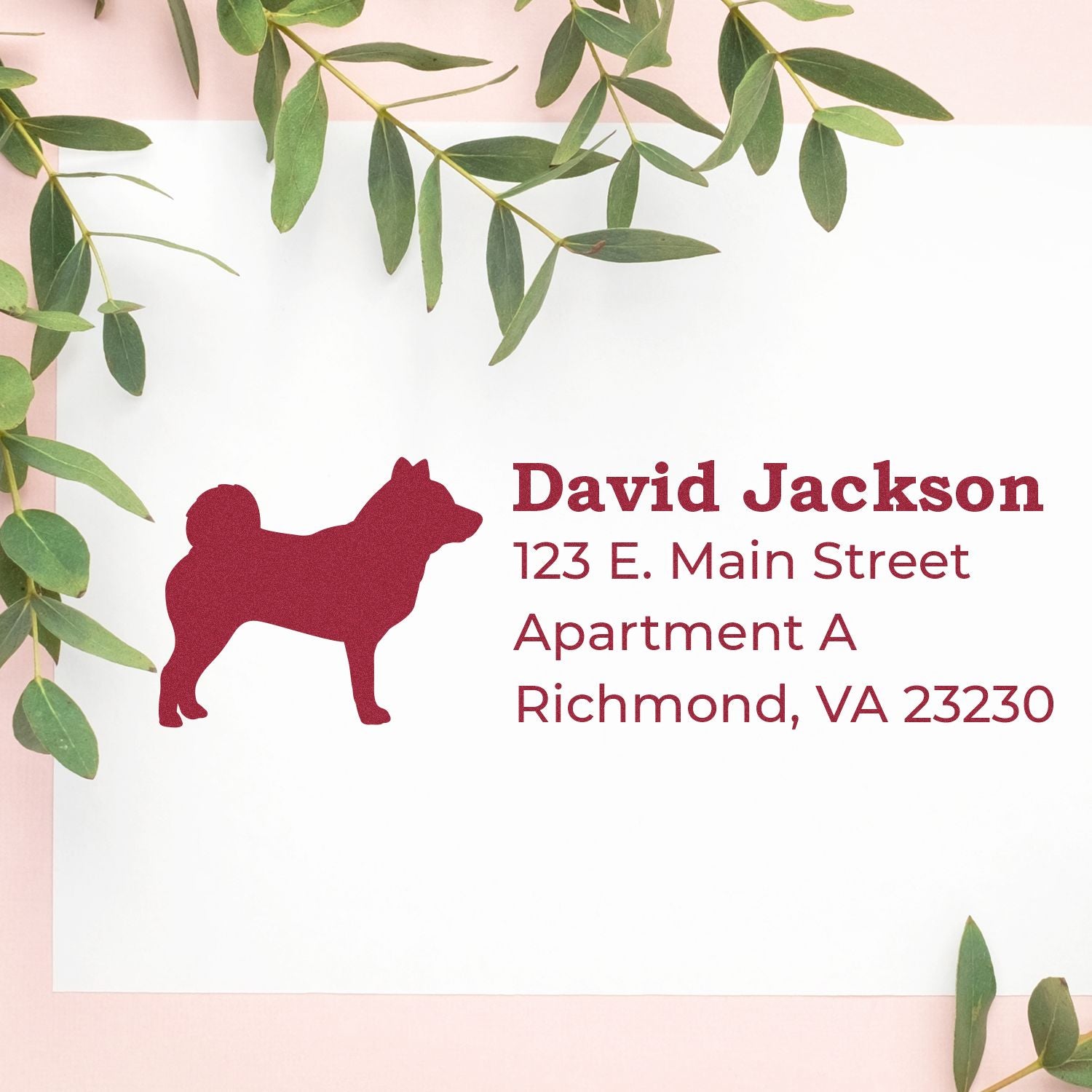 Custom return address rubber stamp with dog silhouette for David Jackson, 123 E. Main Street Apt A, Richmond, VA 23230.