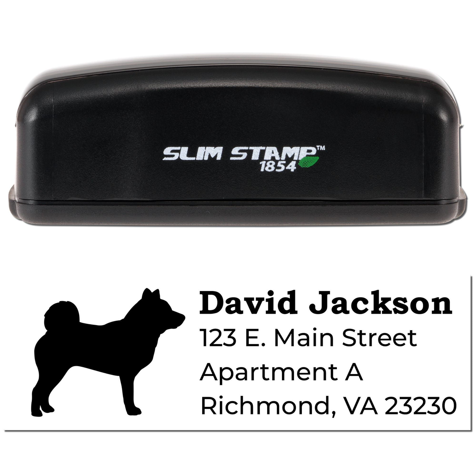 Slim Stamp 1854 personalized address rubber stamp with dog silhouette for David Jackson, Apartment A, Richmond, VA 23230.