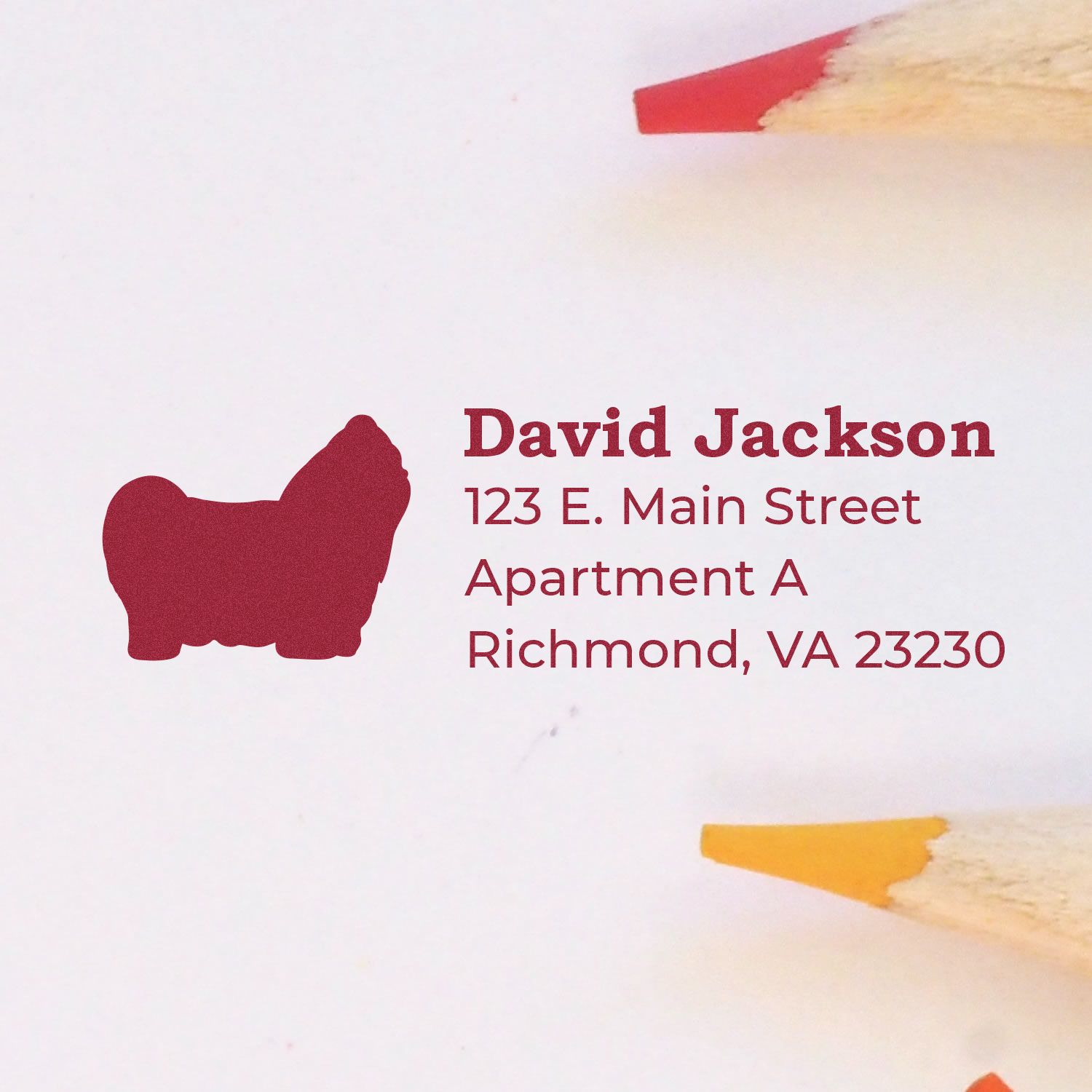 Custom return address rubber stamp with dog silhouette for David Jackson, 123 E. Main St., Richmond, VA 23230
