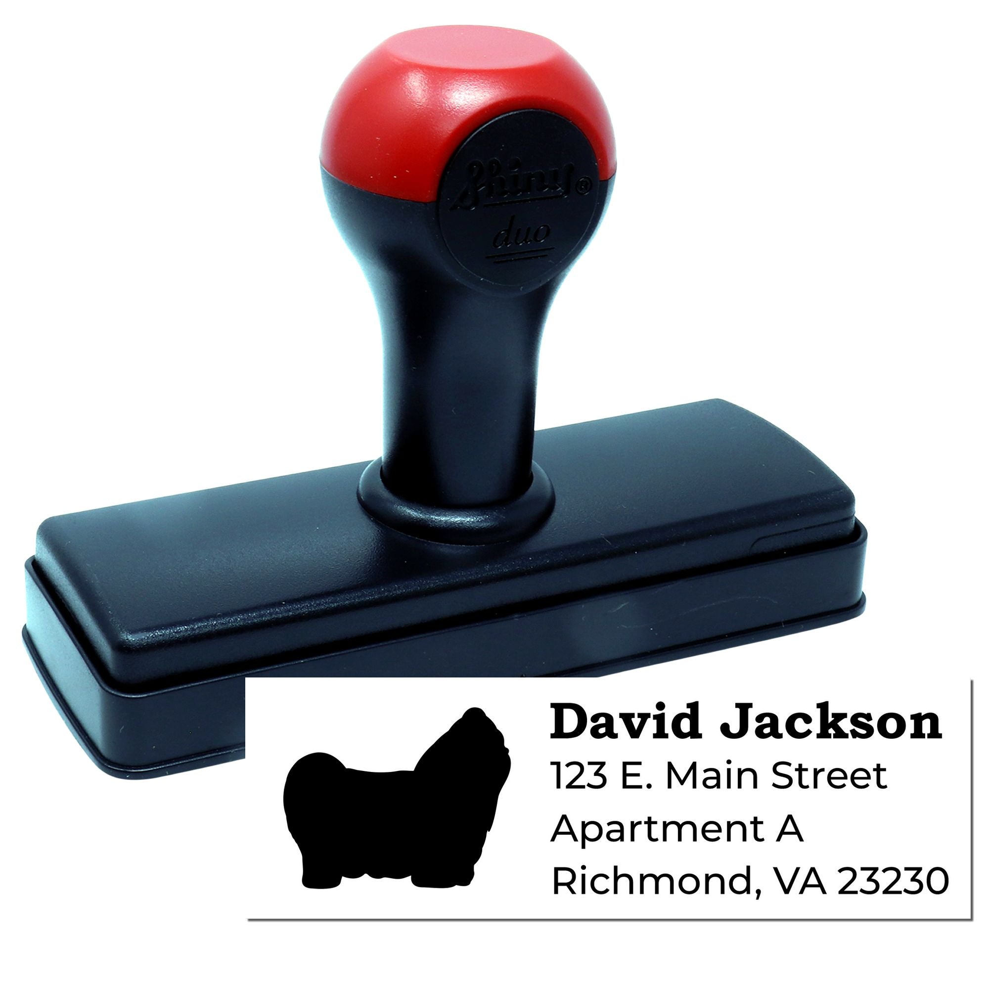 Personalized self-inking rubber stamp with custom return address imprint for mailing, business, and home use.