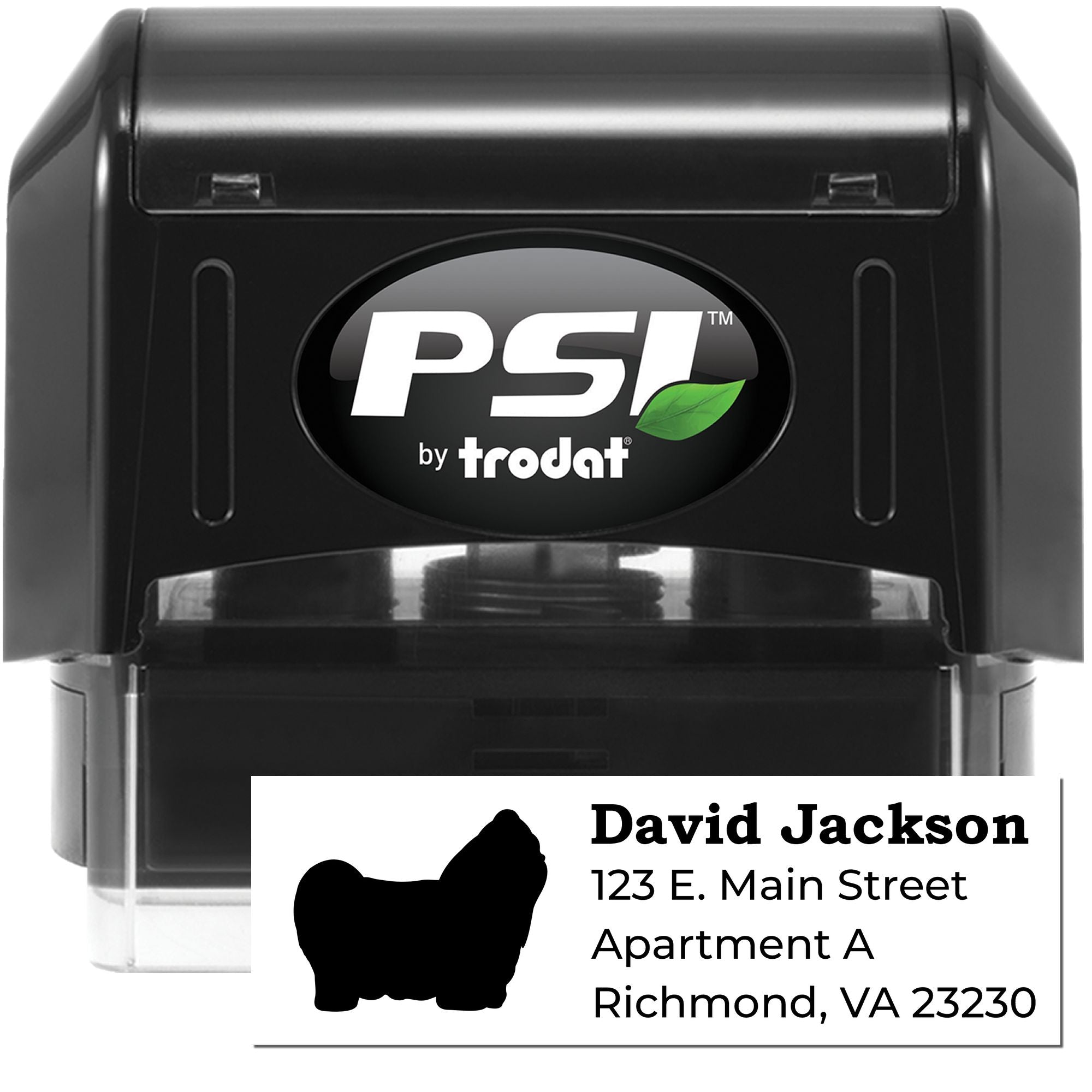 PSI by Trodat self-inking custom address rubber stamp with name, street address, and pet silhouette for mail labeling