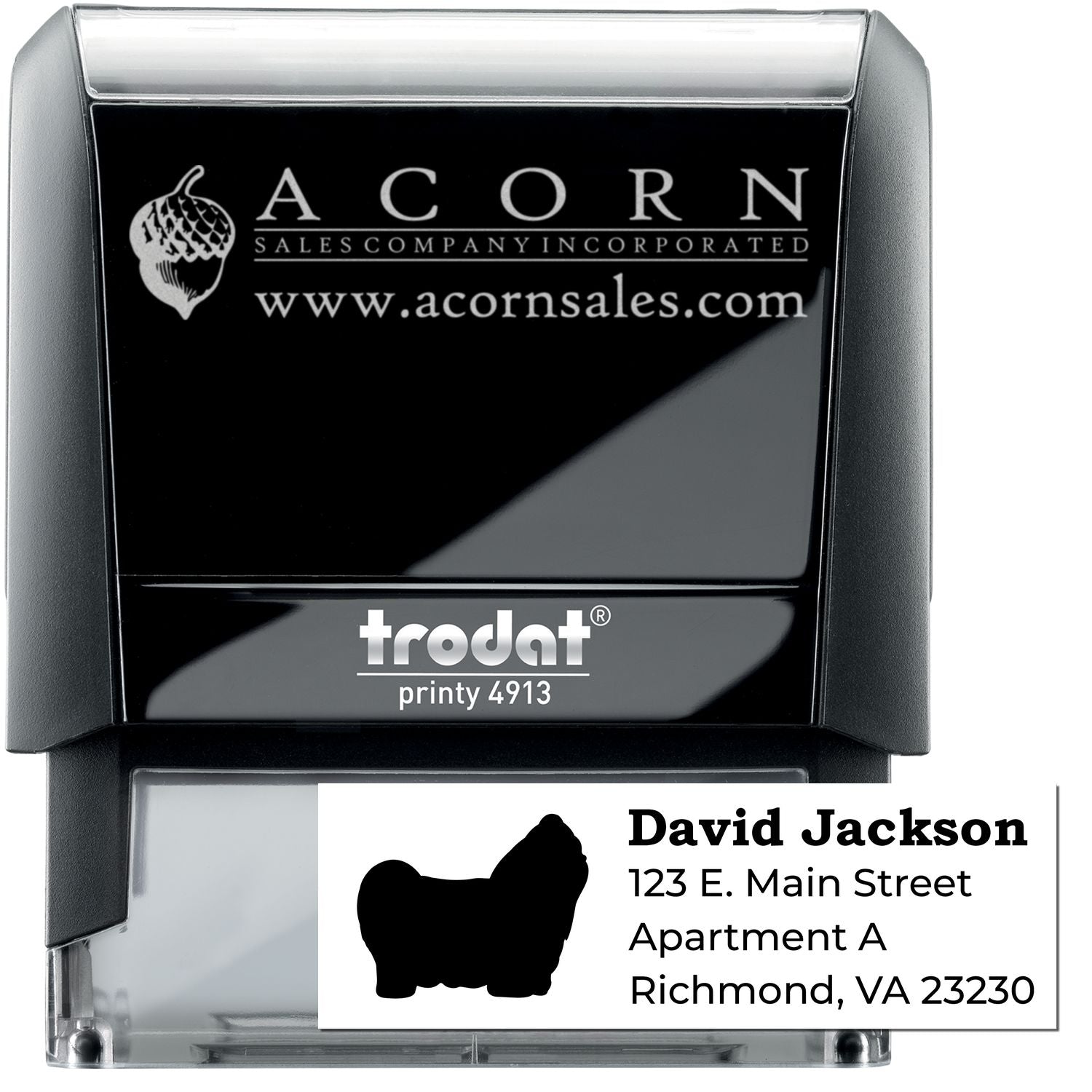 Personalized self-inking rubber stamp with business logo and return address, Trodat Printy 4913, for mailing and branding.