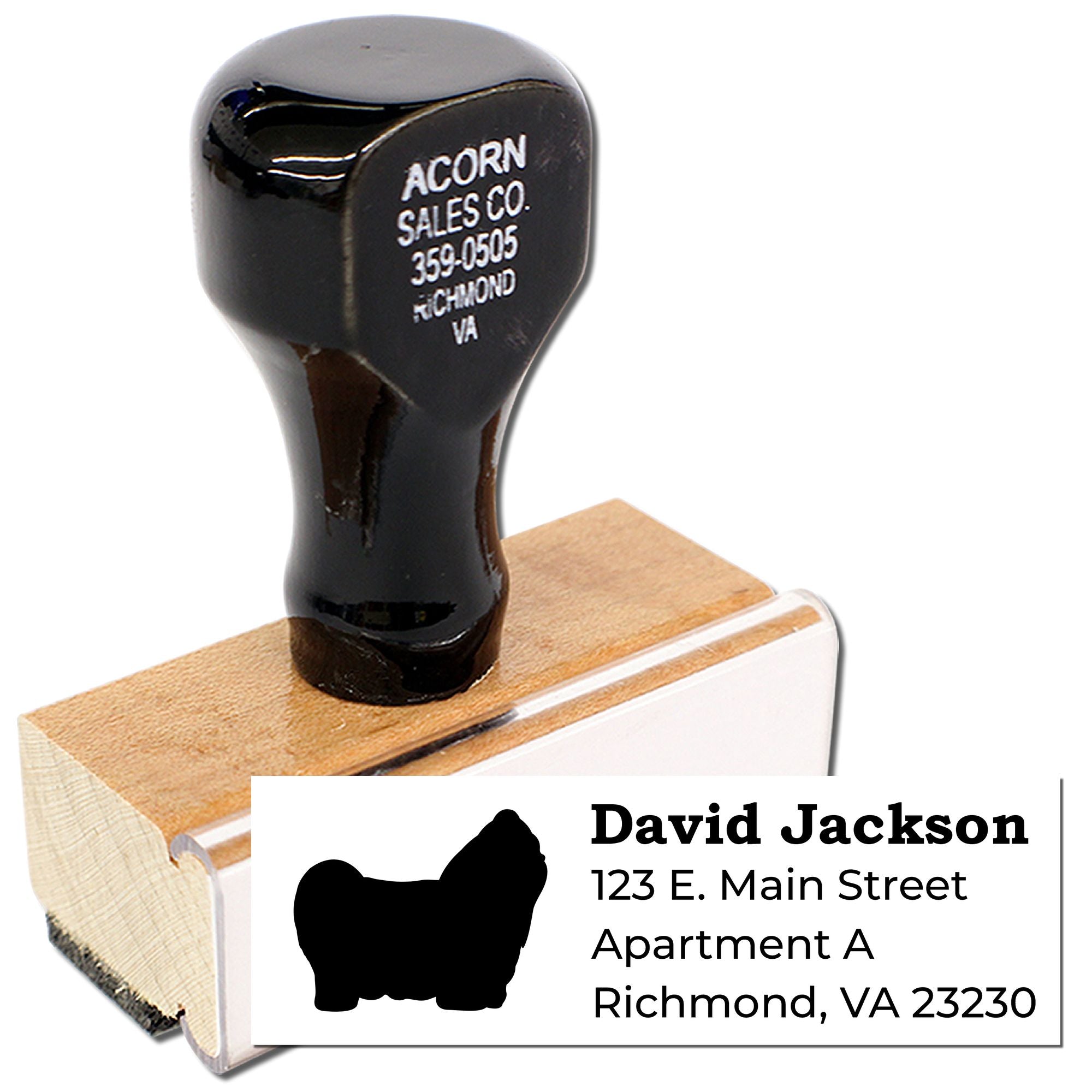 Personalized self-inking rubber address stamp for David Jackson, featuring custom return address and dog silhouette.