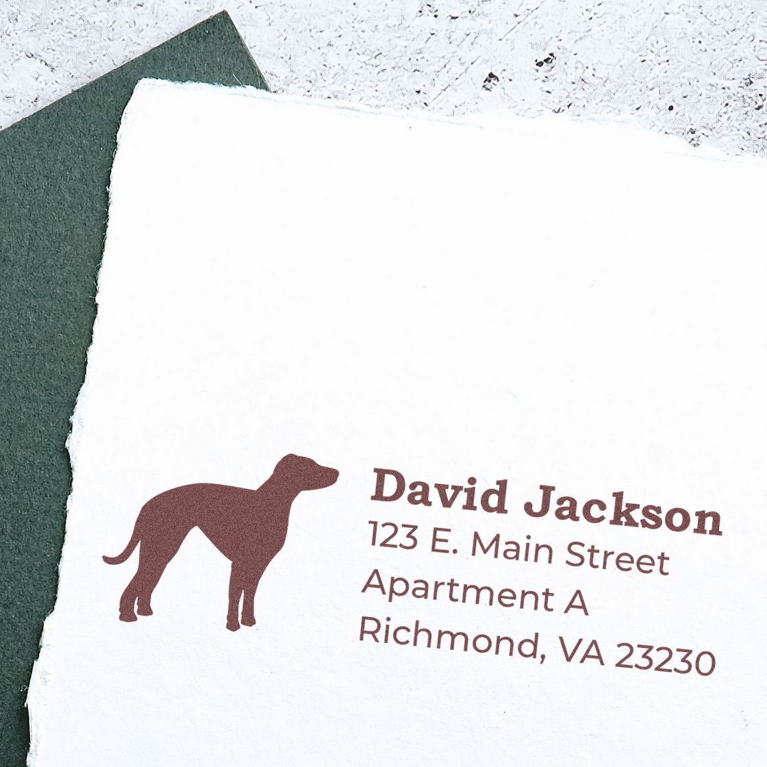 Personalized return address rubber stamp with dog silhouette, name, and Richmond, VA address for pet owners.