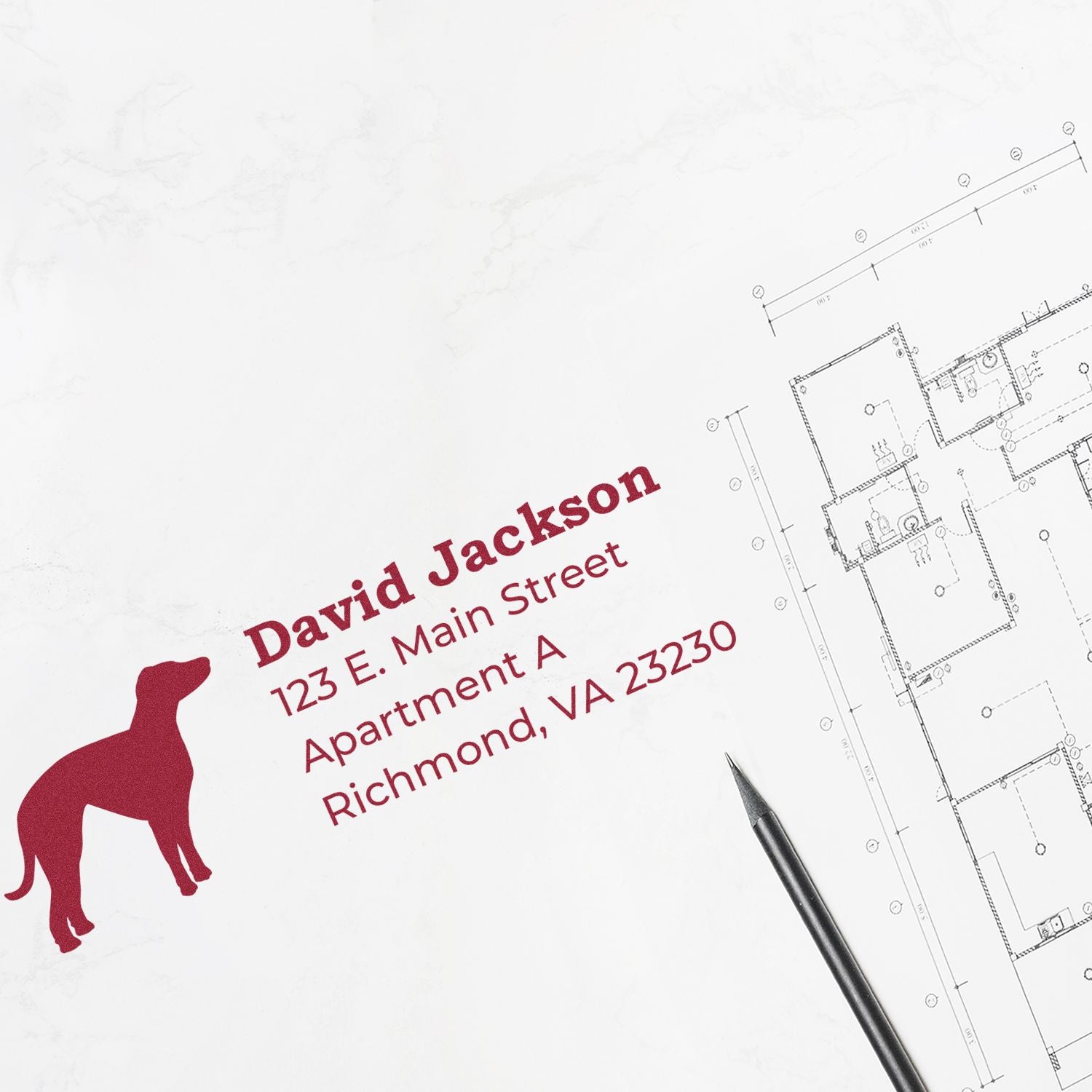 Custom return address rubber stamp with dog silhouette, featuring David Jacksons address for personalized envelopes and mail.