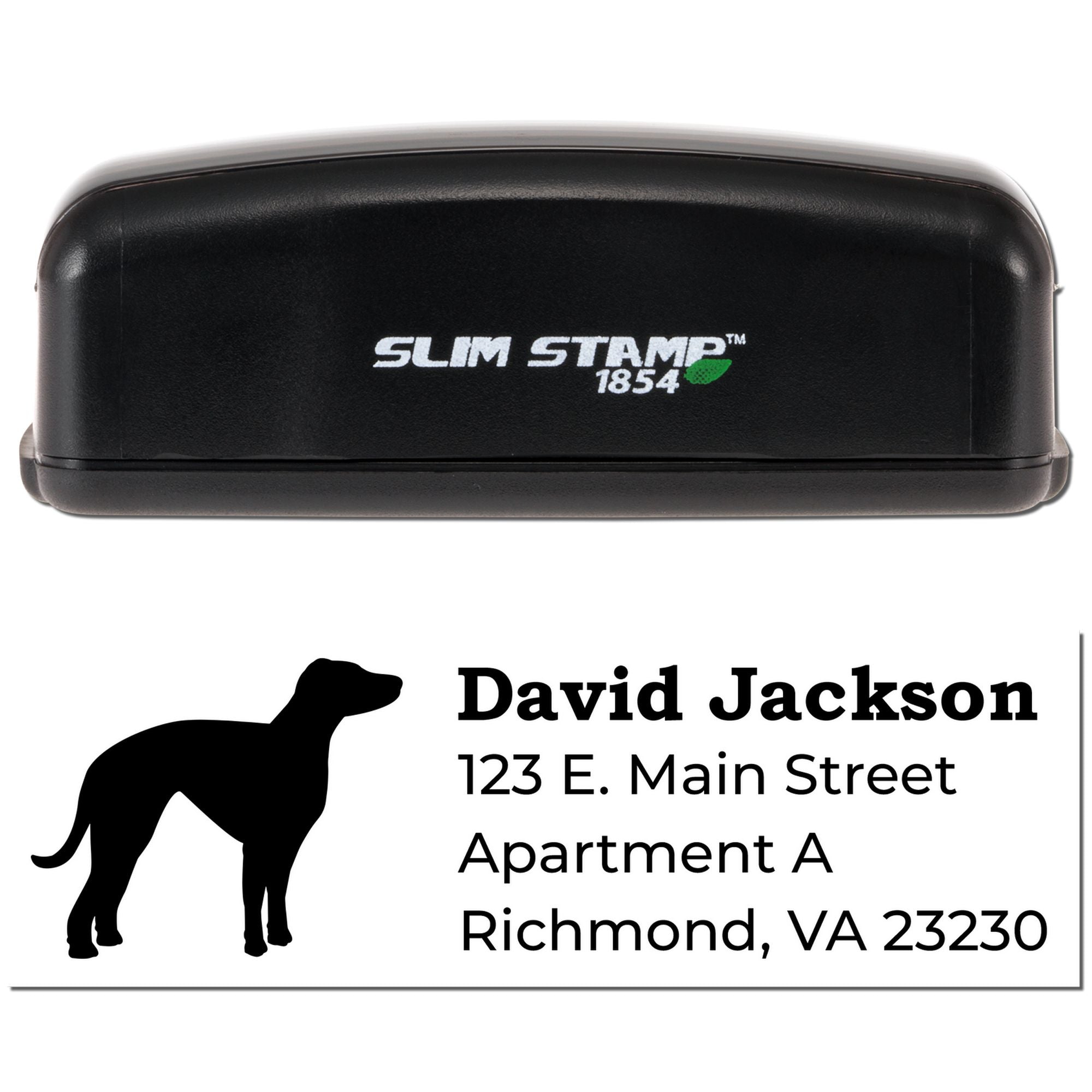 Custom Slim Stamp 1854 rubber stamp with dog silhouette and return address for David Jackson, Richmond VA.