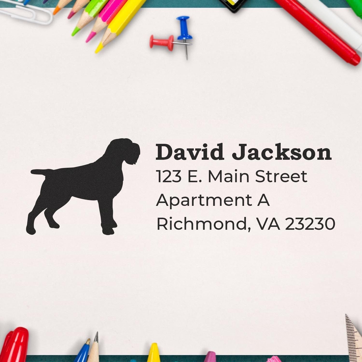 Custom dog return address rubber stamp with personalized name and address, ideal for pet lovers' mailing and packaging.