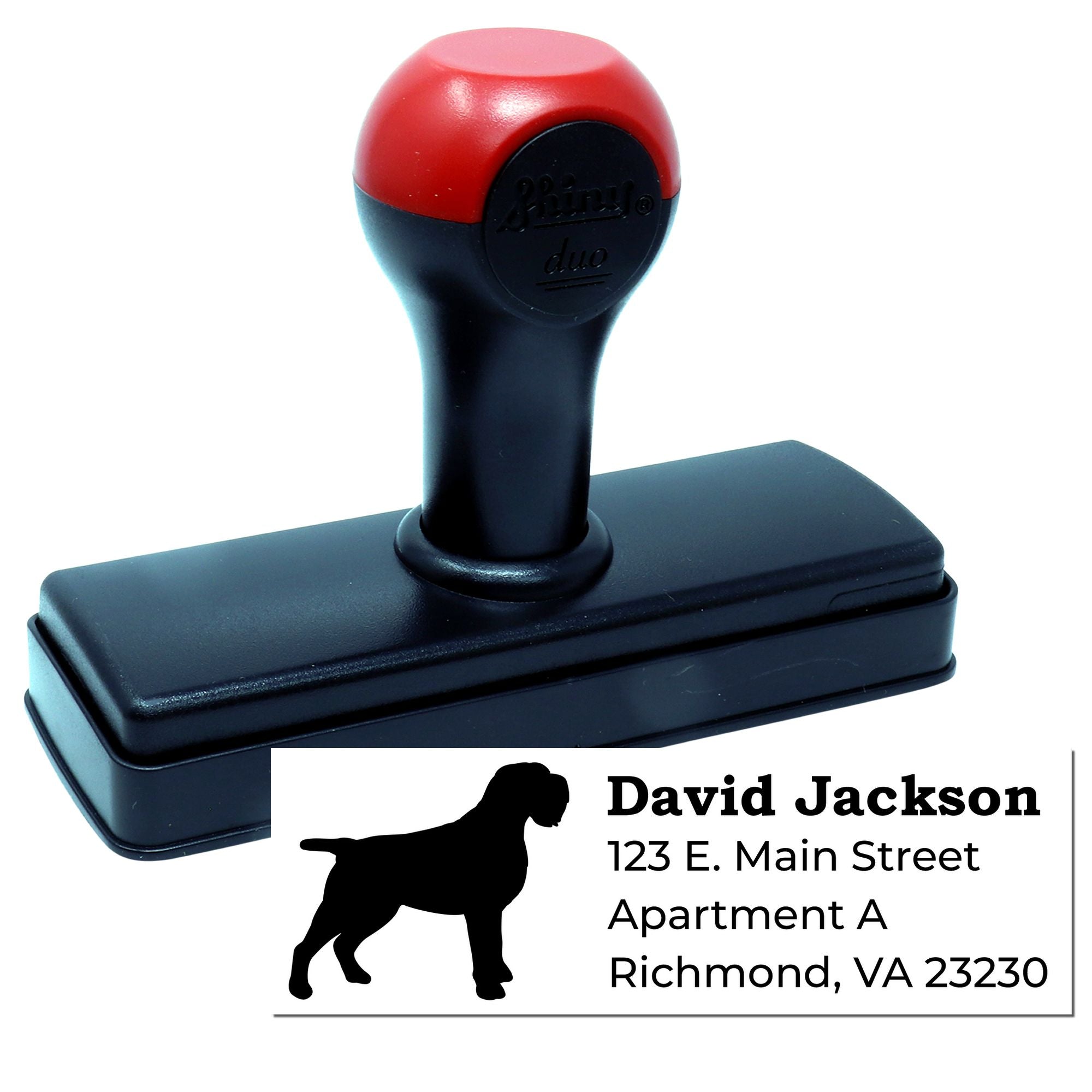 Personalized self-inking rubber address stamp with dog silhouette for pet owner mailing labels