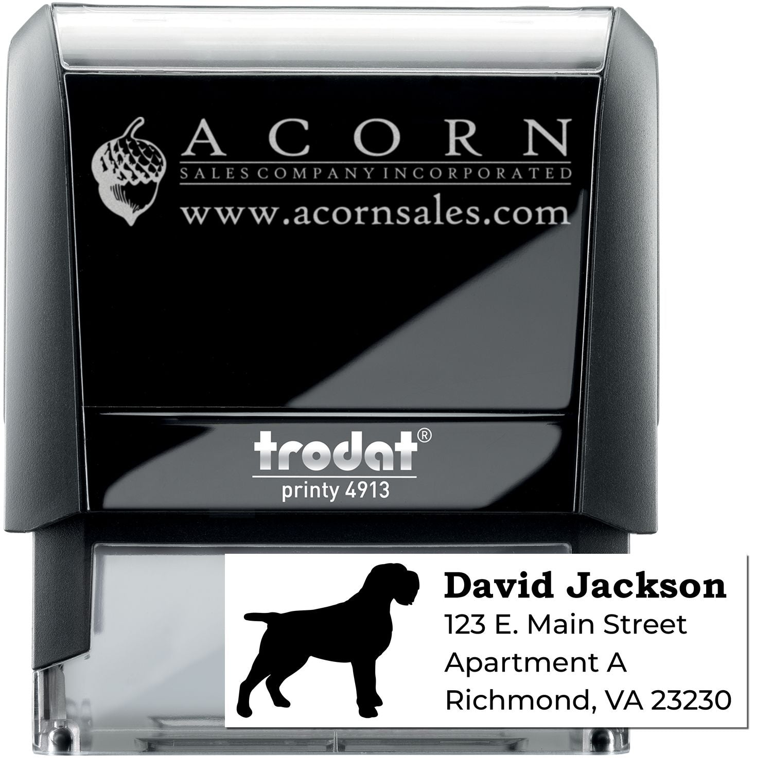 Custom self-inking rubber address stamp, Trodat Printy 4913, with logo and return address imprint for business mailings.