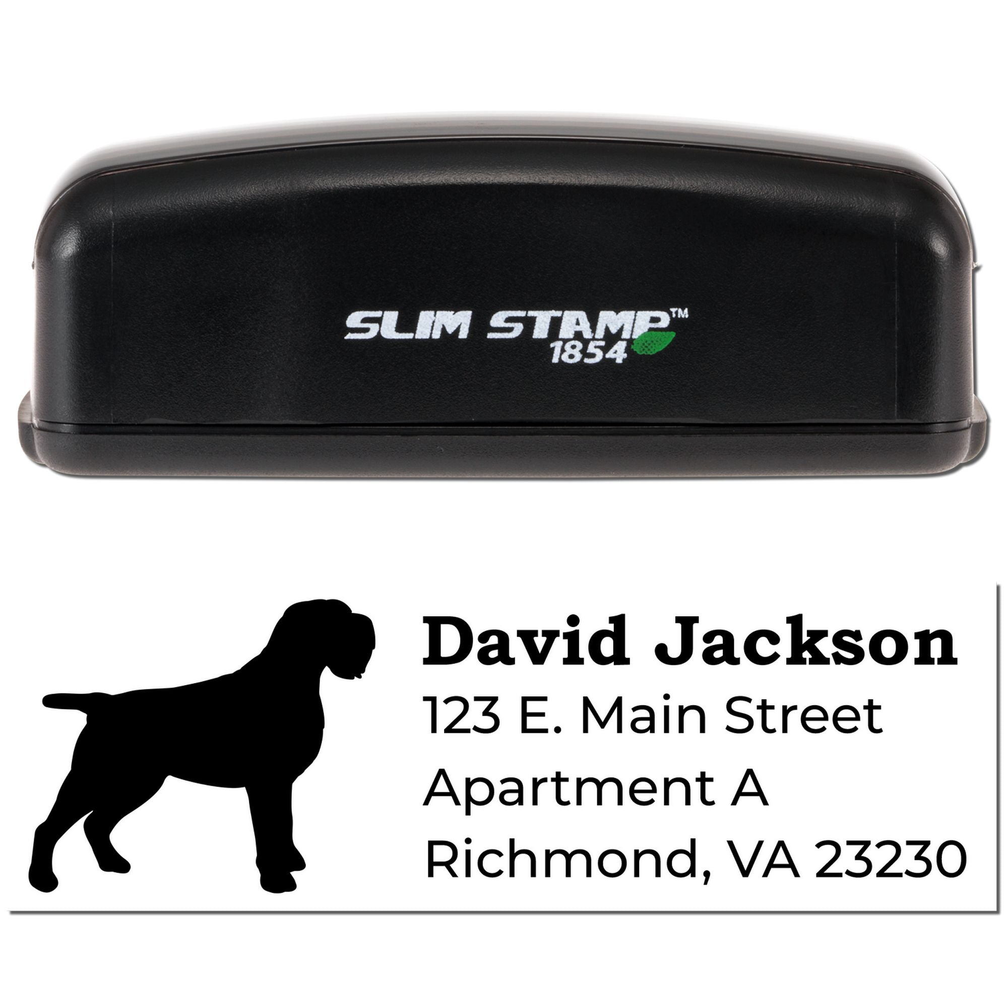 Custom self-inking rubber address stamp with dog silhouette for personalized return mail