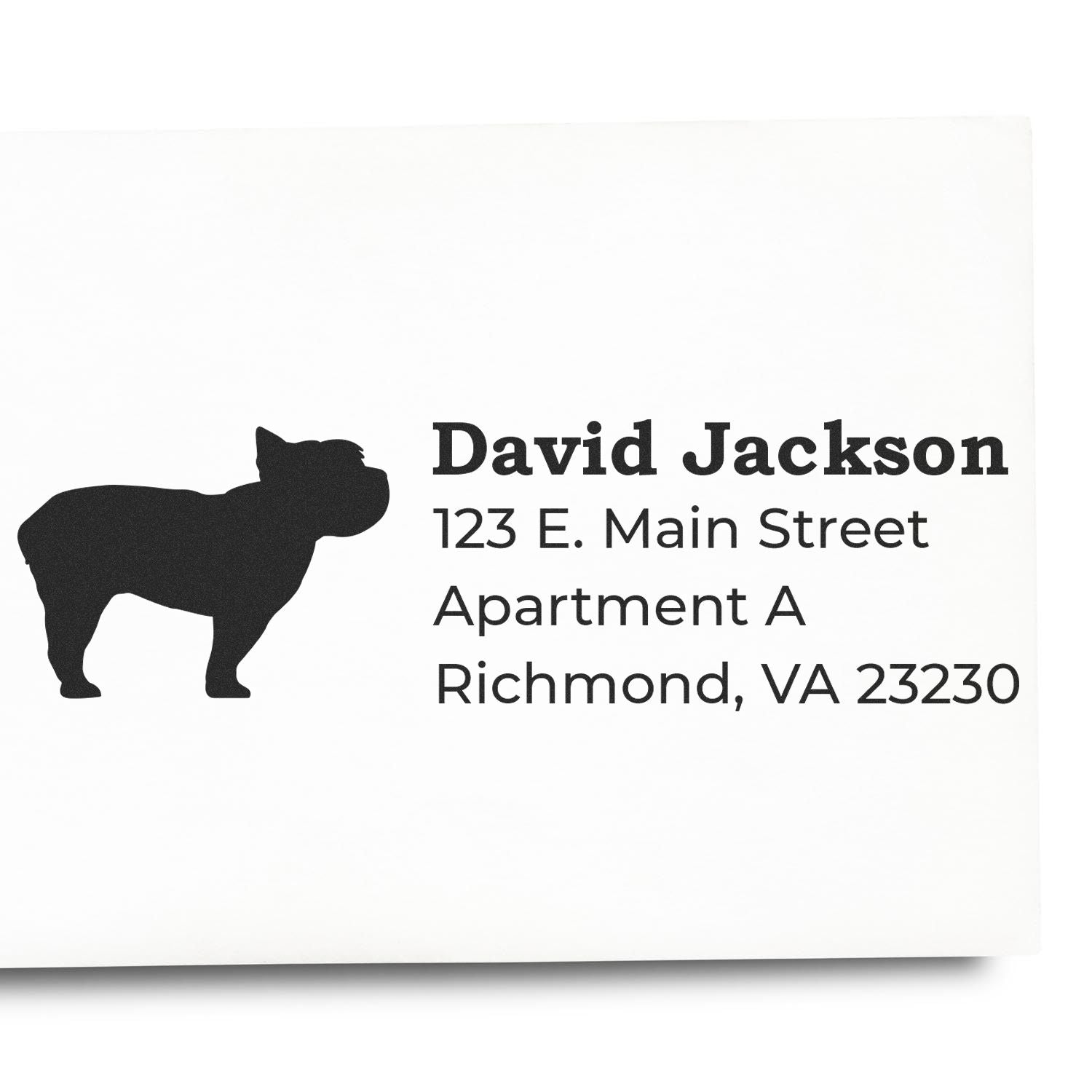 Custom bulldog return address rubber stamp for David Jackson, 123 E. Main Street, Apartment A, Richmond, VA 23230.