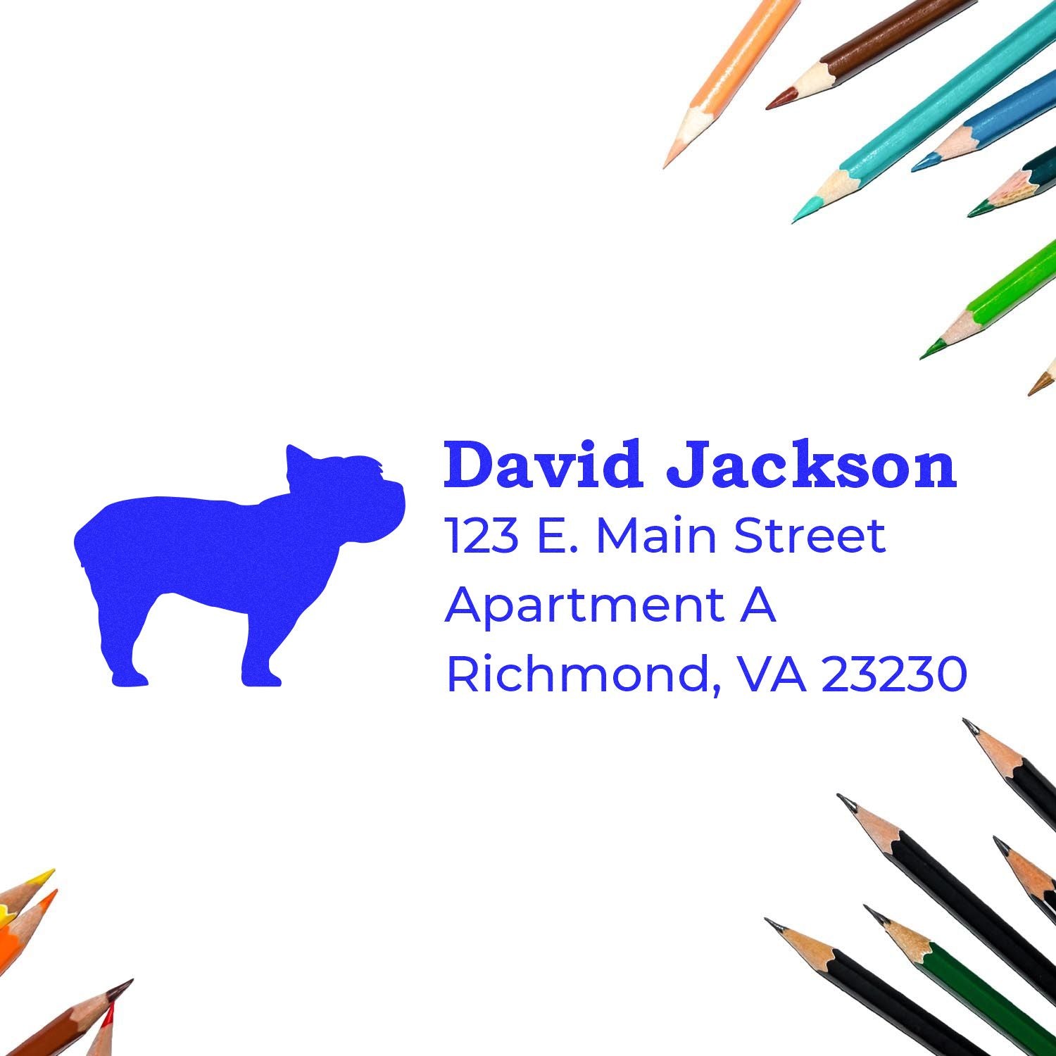 Custom dog silhouette return address rubber stamp with personalized name and Richmond, VA mailing address.