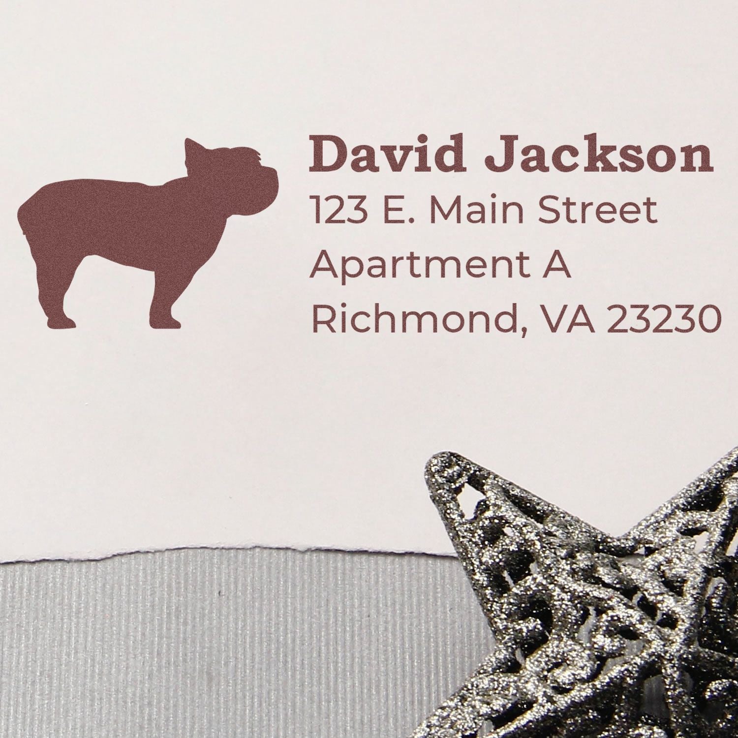 Custom dog return address rubber stamp with name and Richmond, VA address for personalized mailing labels