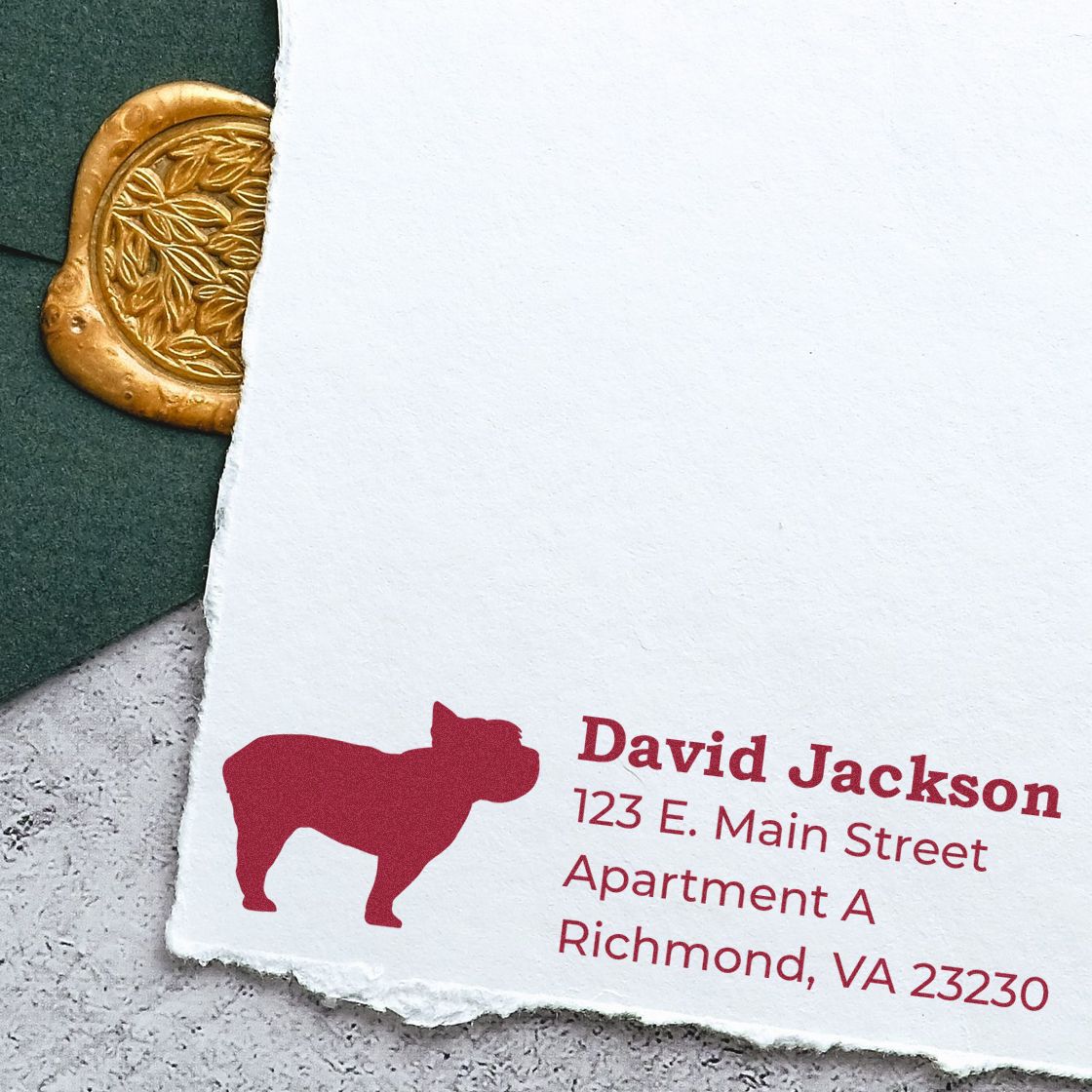 Personalized return address rubber stamp with bulldog design for David Jackson, Richmond, VA mailing.