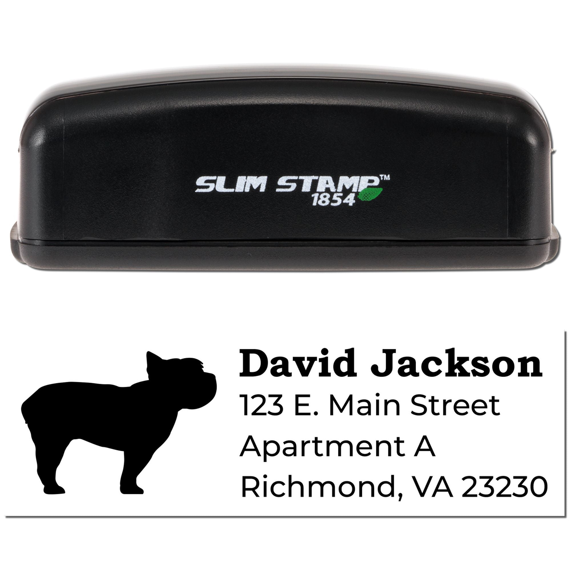 Custom self-inking rubber address stamp with dog silhouette, name, and Richmond, VA mailing details.