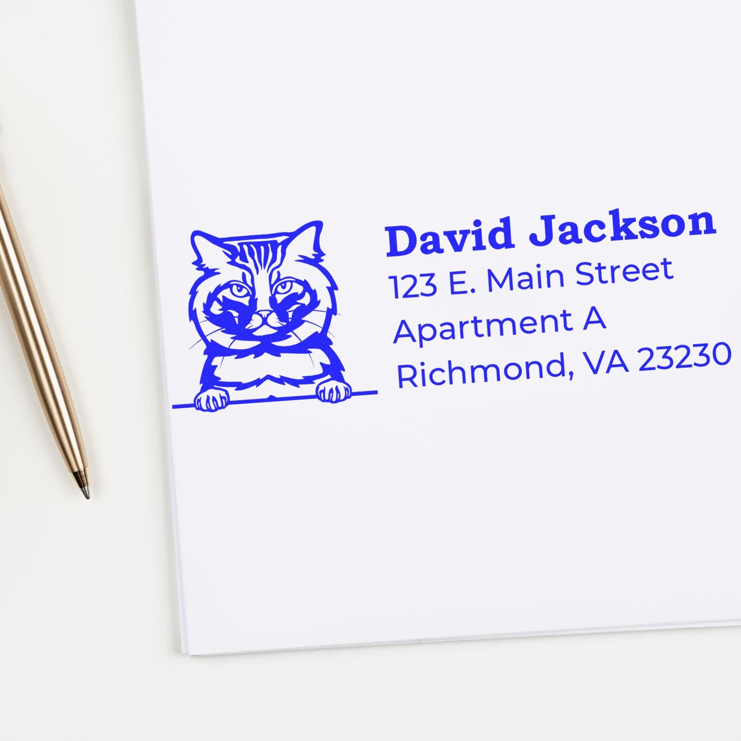 Custom return address rubber stamp with cat logo, name, and Richmond, VA mailing details.