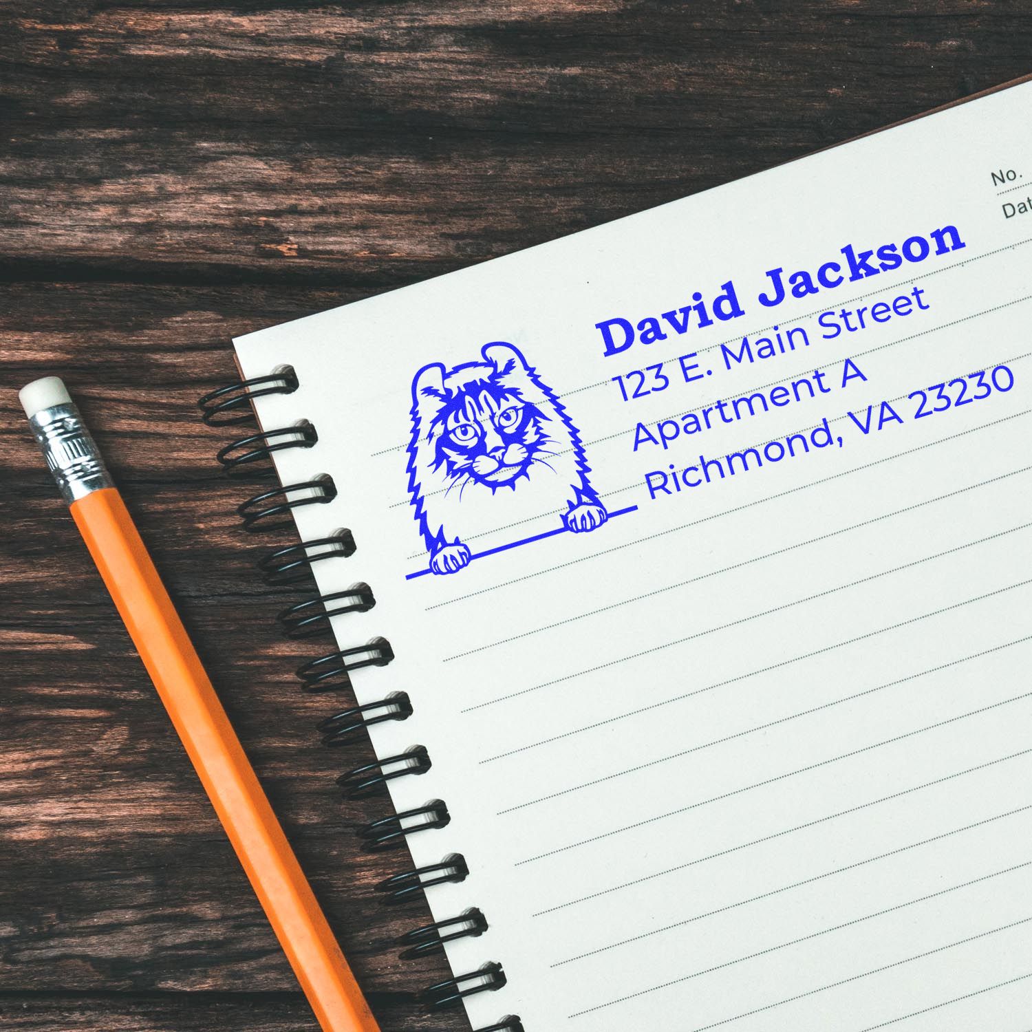 Custom return address rubber stamp with cat logo on a notebook page beside a pencil on a rustic wooden desk.