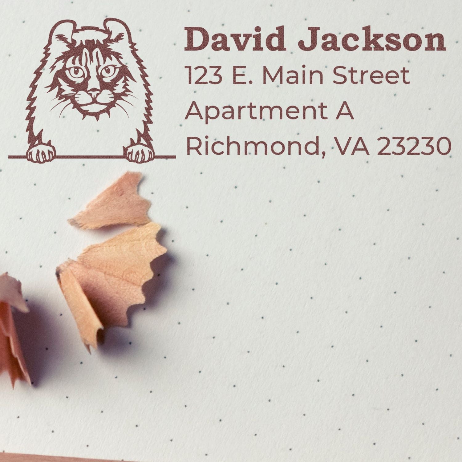 Custom cat address rubber stamp for David Jackson, 123 E. Main Street, Apartment A, Richmond, VA 23230