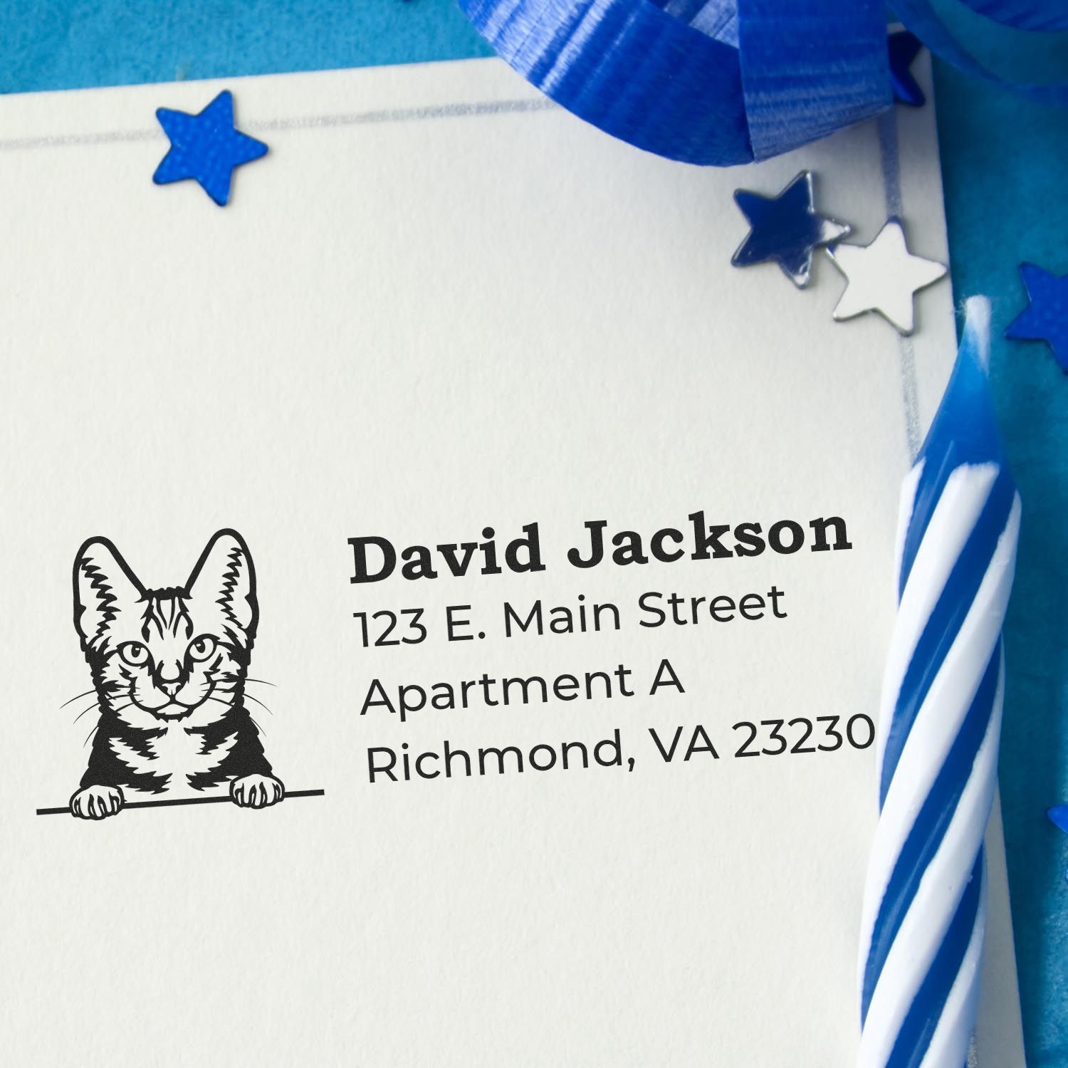 Personalized cat address rubber stamp for envelopes, featuring name, street address, and pet illustration.