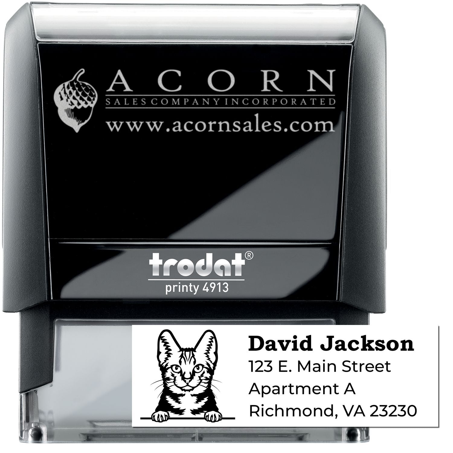 Custom self-inking rubber address stamp with logo, company name, and address; Trodat Printy 4913 for business use.