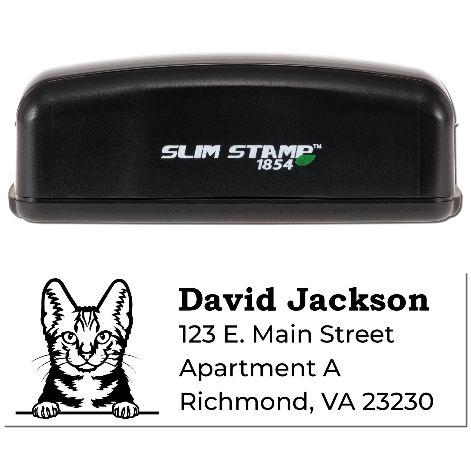 Slim Stamp custom self-inking rubber address stamp with cat design for David Jackson, Richmond, VA 23230.