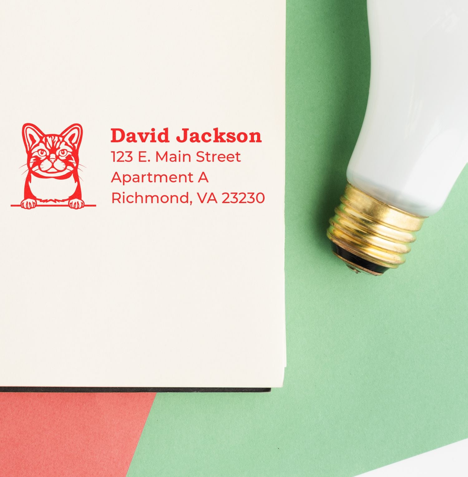 Custom cat return address rubber stamp with personalized name and Richmond, VA address, shown with red imprint.
