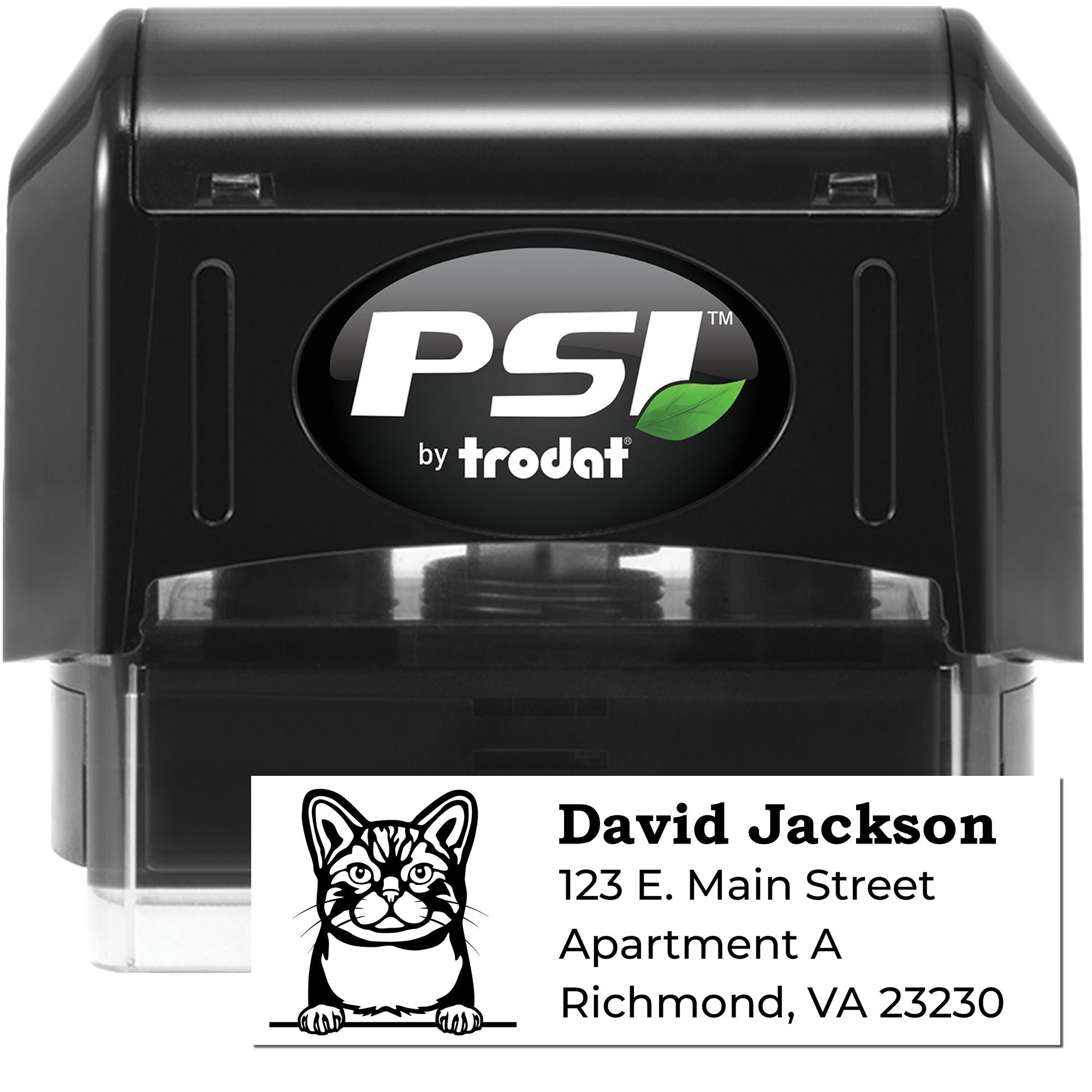 PSI by Trodat custom self-inking rubber stamp for address labels with cat logo, ideal for personal mail and packaging.