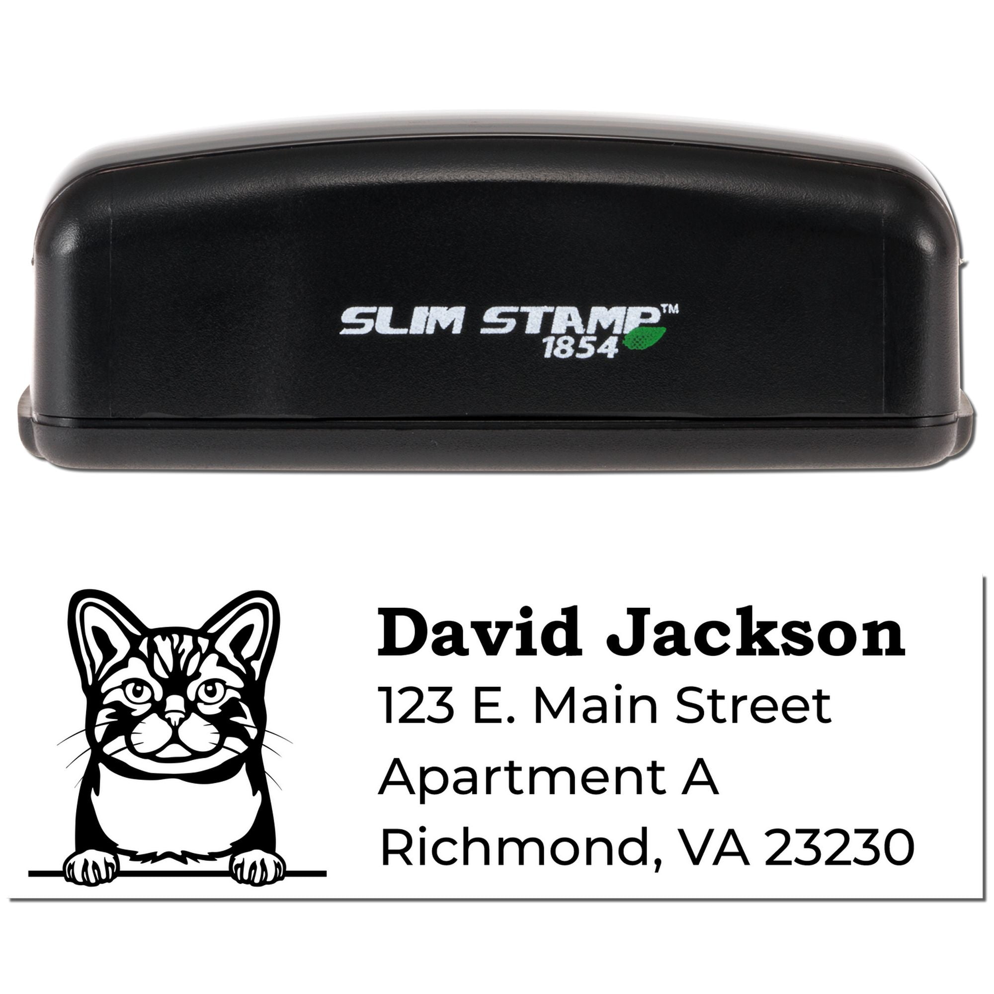Slim Stamp 1854 custom return address rubber stamp with cat design for David Jackson, Richmond, VA 23230.