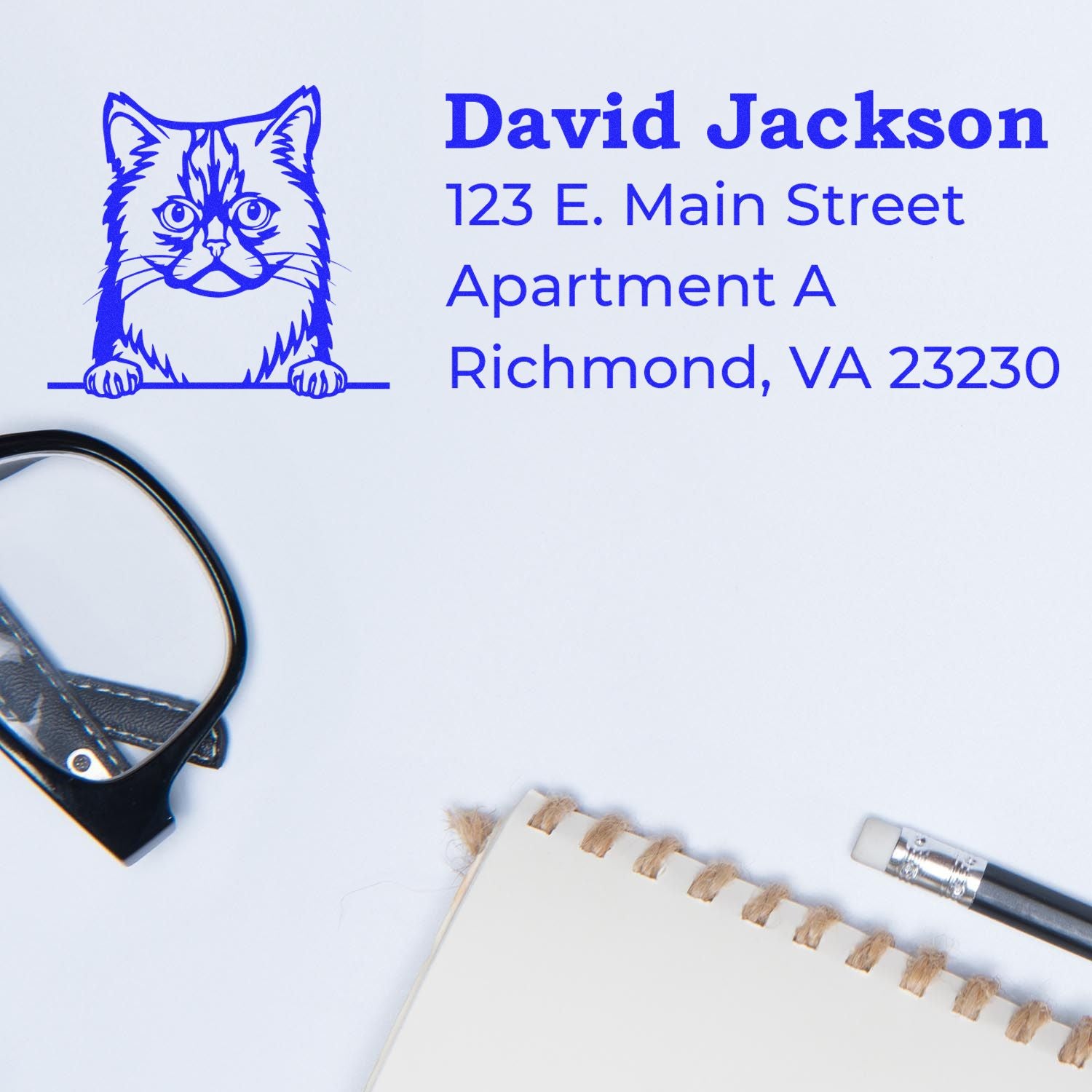 Custom cat return address rubber stamp for David Jackson, Richmond, VA 23230, with personalized name and address design.