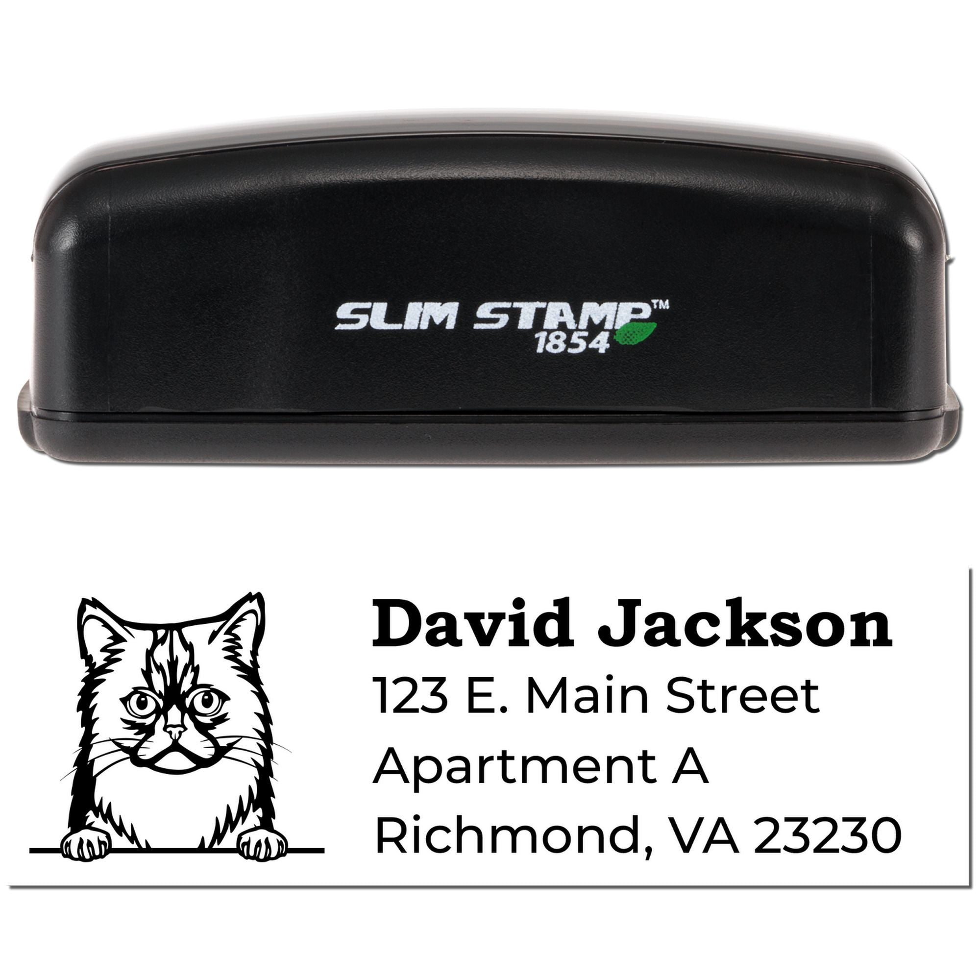 Slim Stamp 1854 custom self-inking rubber address stamp with cat logo for personalized mailing labels.