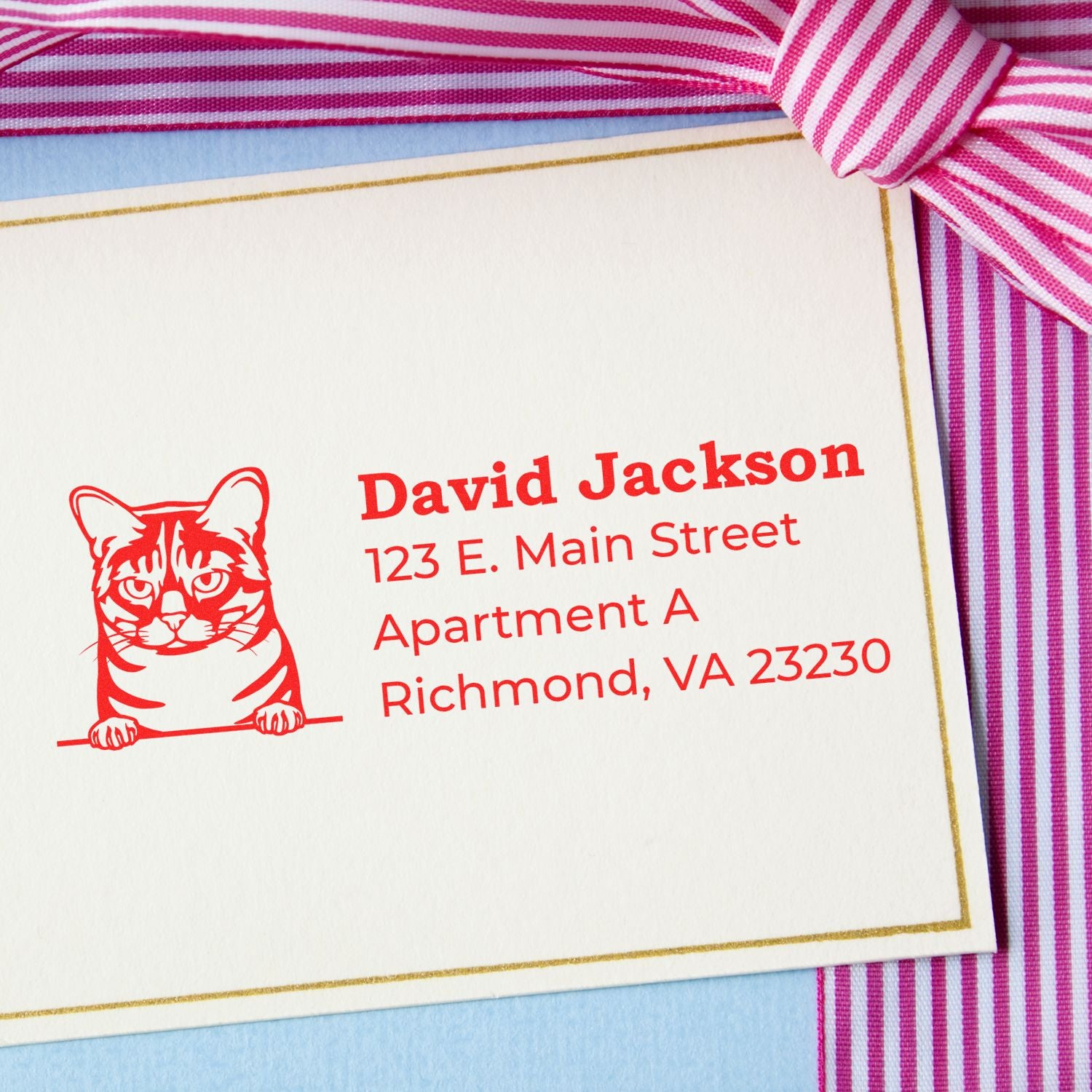 Custom return address rubber stamp with cat design on stationery for personalized mailing and gift packaging.