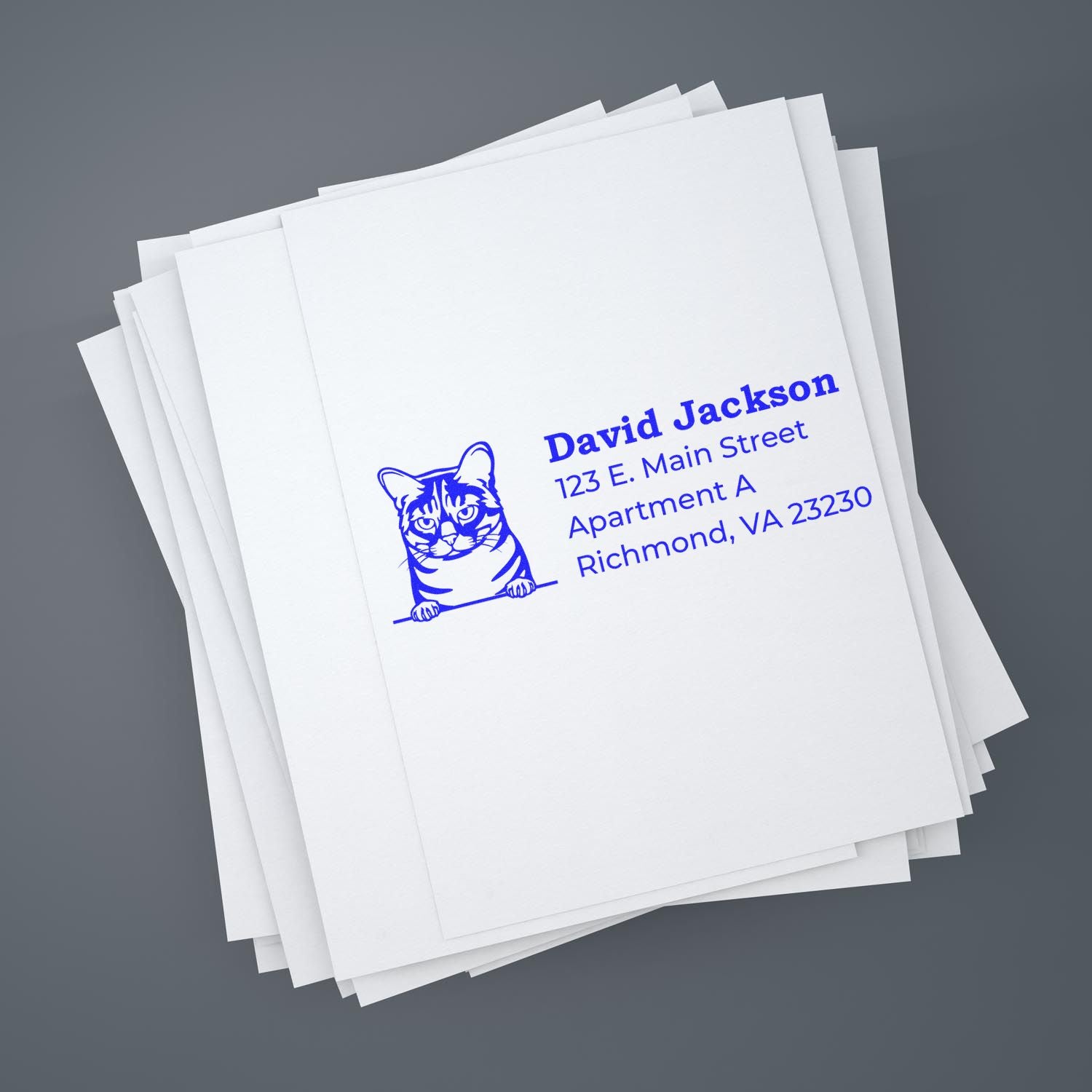 Custom return address rubber stamp with cat logo for envelopes, stationery, and mailing