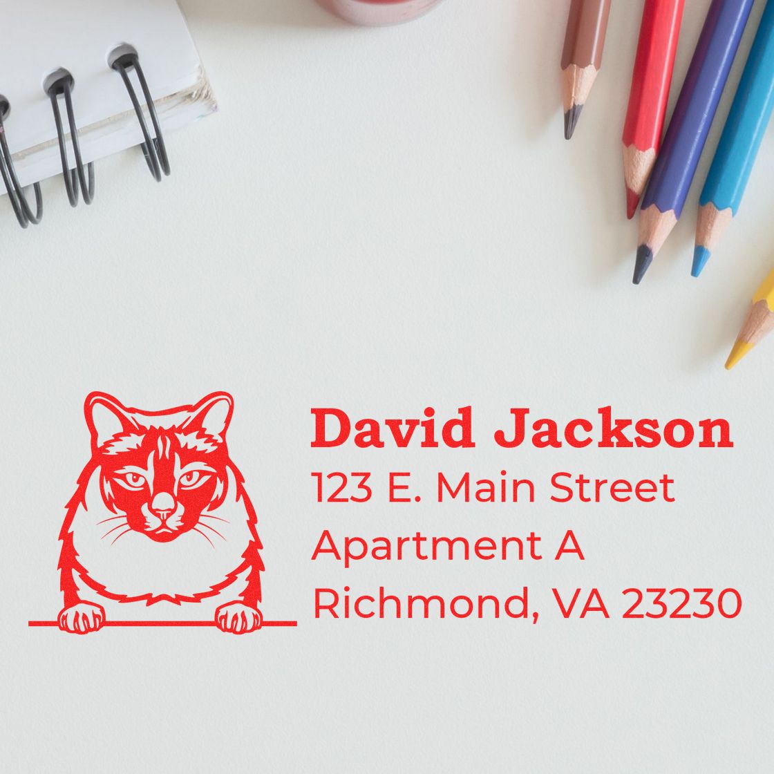 Custom cat return address rubber stamp with name and Richmond, VA mailing address in red.