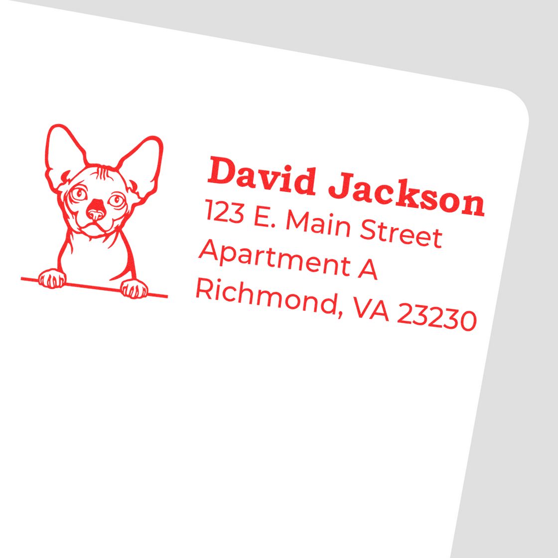 Personalized return address rubber stamp with dog illustration, name, and mailing address for custom mail.