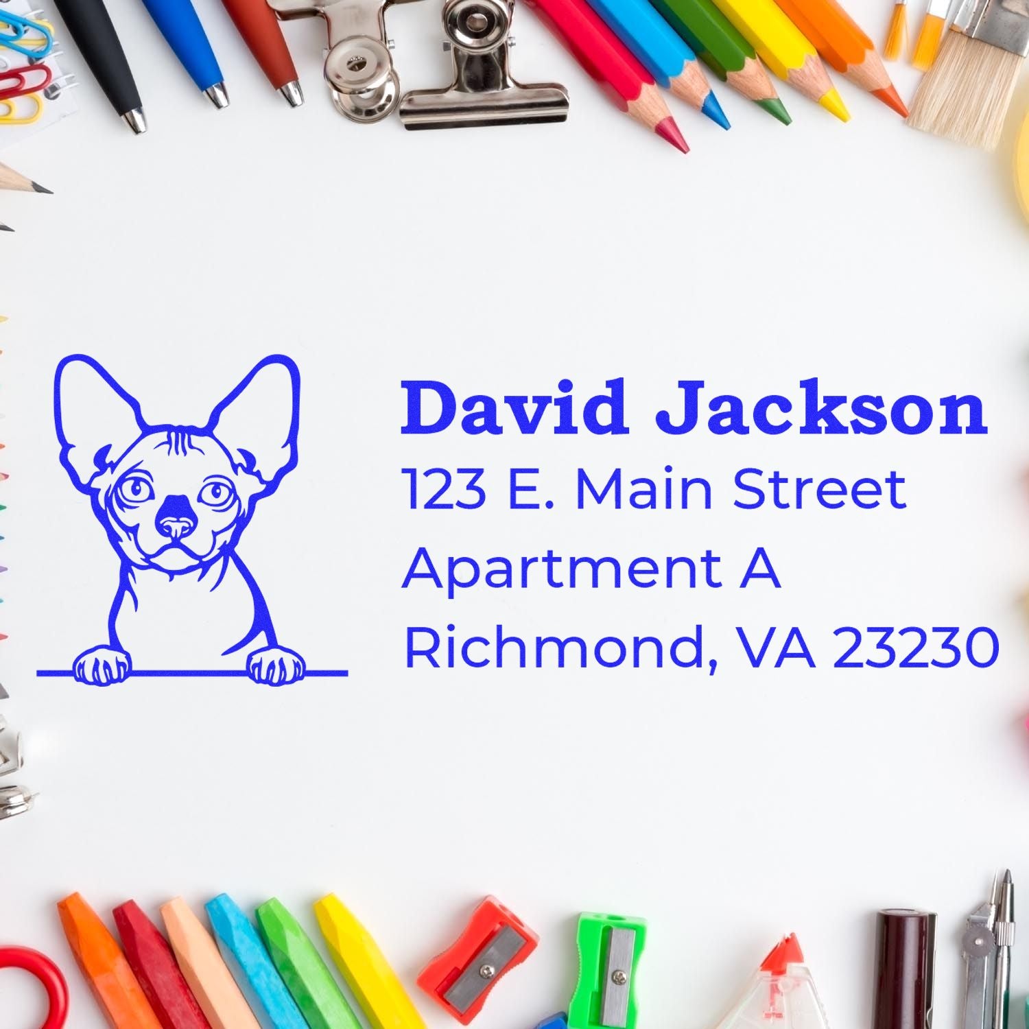 Custom rubber address stamp with dog illustration and return address for David Jackson, Richmond VA.
